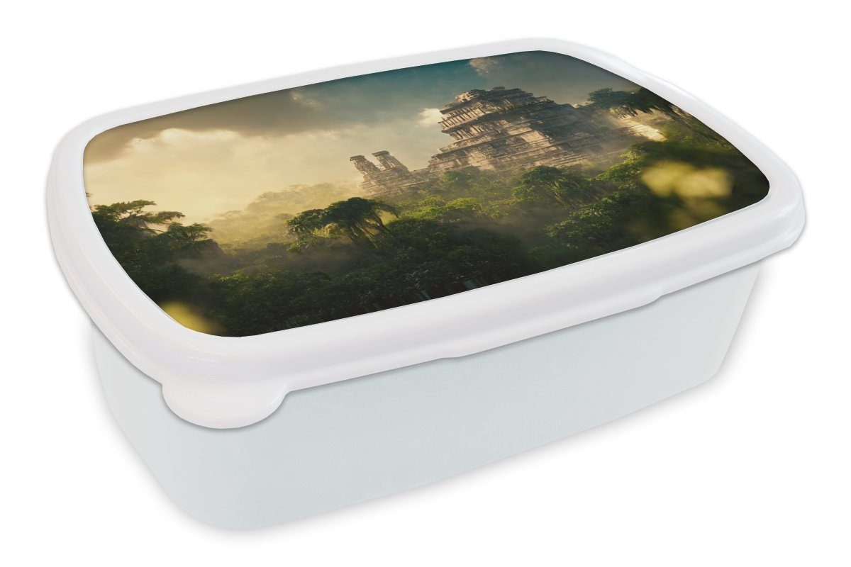 MuchoWow Lunchbox Tempel - Dschungel - Wolken - Himmel - Natur, Kunststoff, (2-tlg), Brotbox für Kinder und Erwachsene, Brotdose, für Jungs und Mädchen weiß