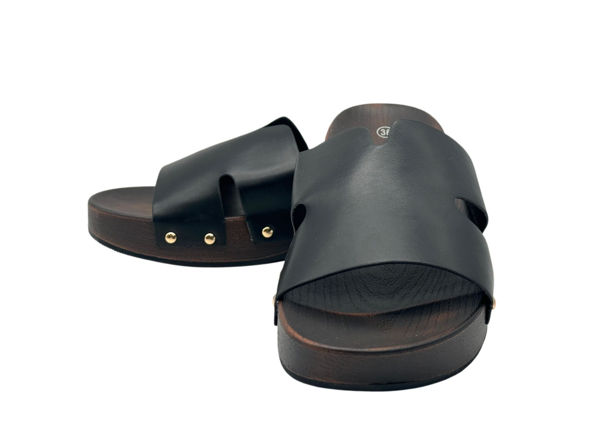 Nowaland Damen Plateau Pantoletten mit Holzoptik-Sohle Pantolette Modische Plateau-Sohle mit stilvollen Ziernieten