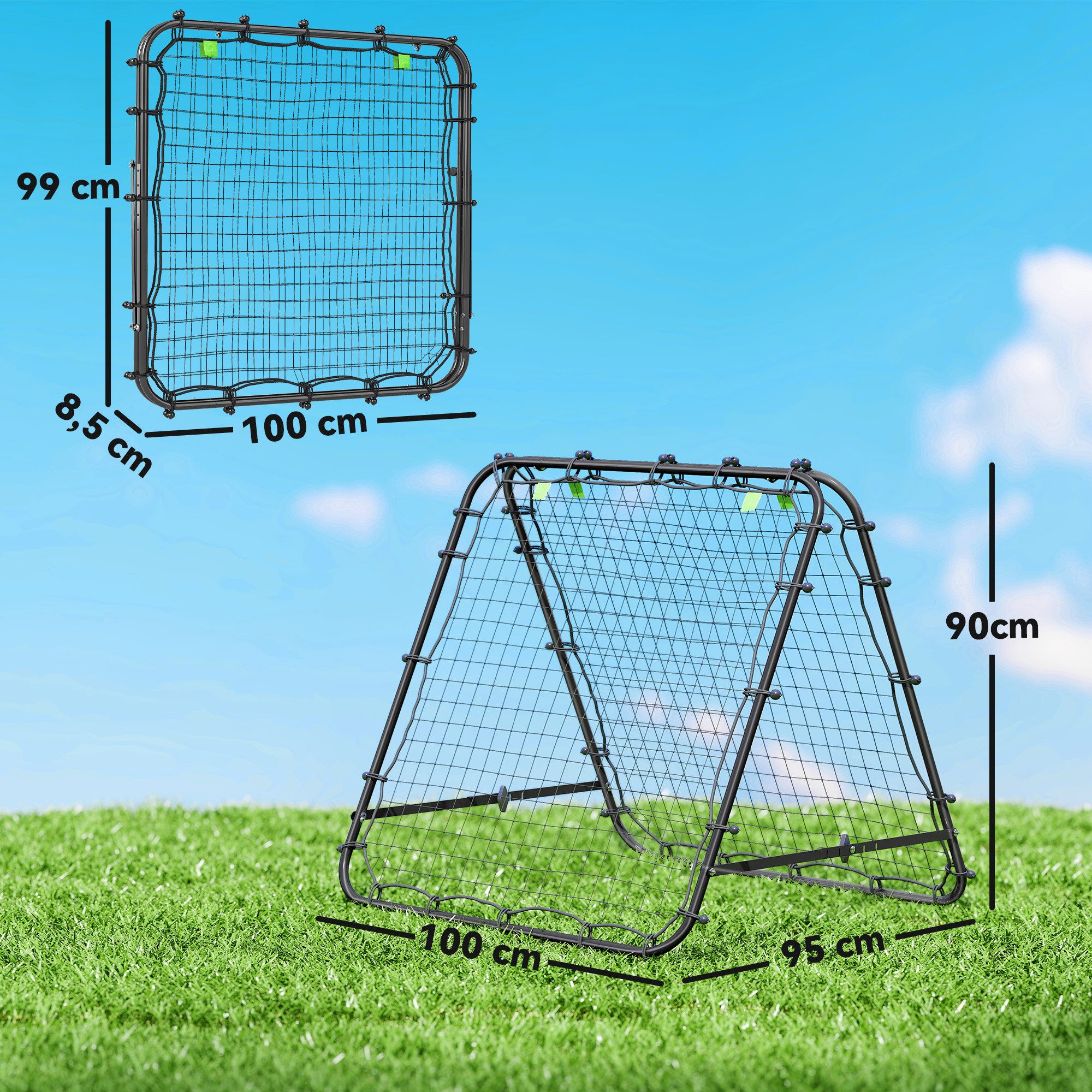 HOMCOM Rebounder beidseitiger Rückprall, Verstellbar in 5 Stufen, (Kickback Tor, 1-St., Fußball Rebounder), für Fußball Training Stahl Schwarz 100 x 95 x 90 cm