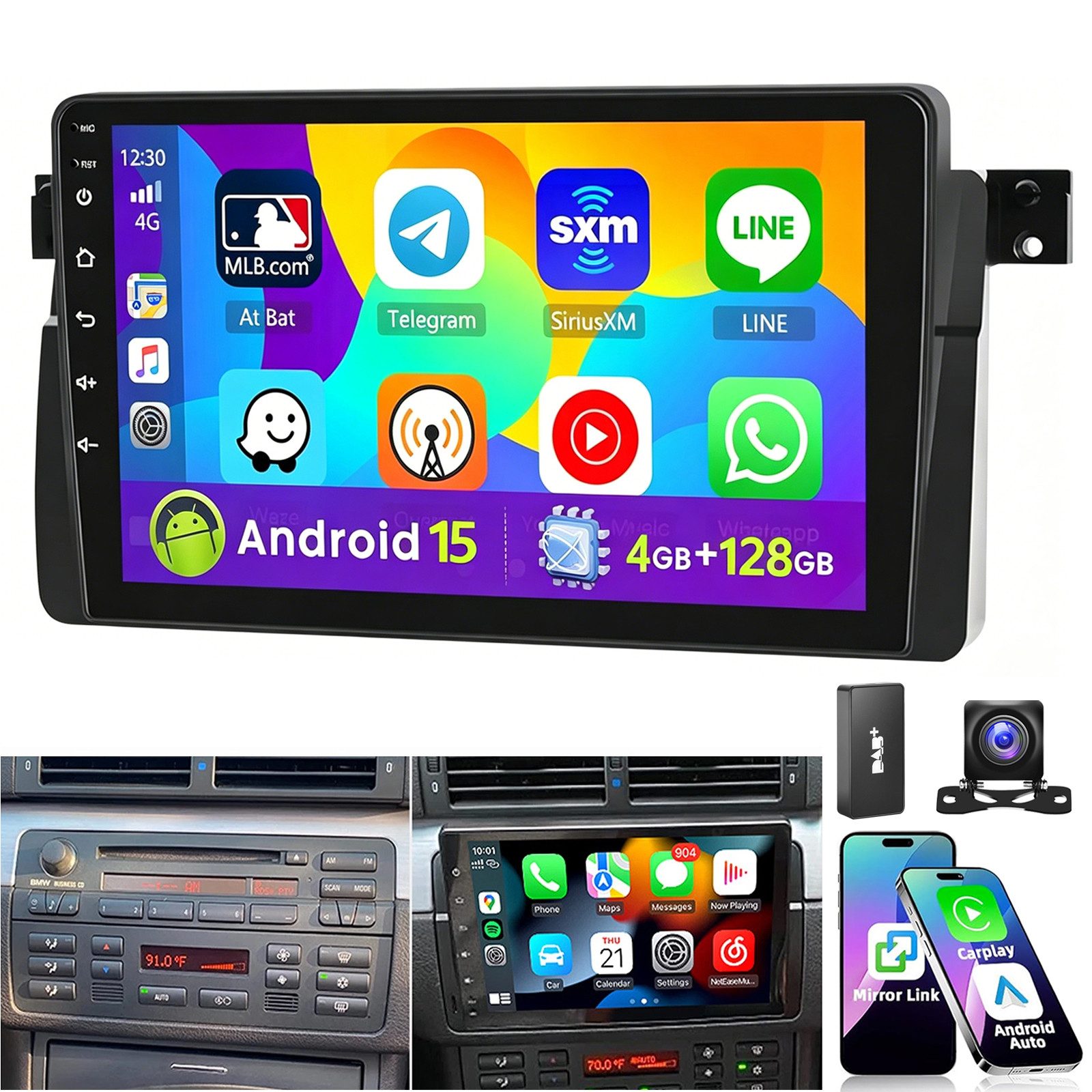 9" Android 15 Autoradio für BMW 3er E46 1998–2006 Wireless CarPlay GPS Autoradio