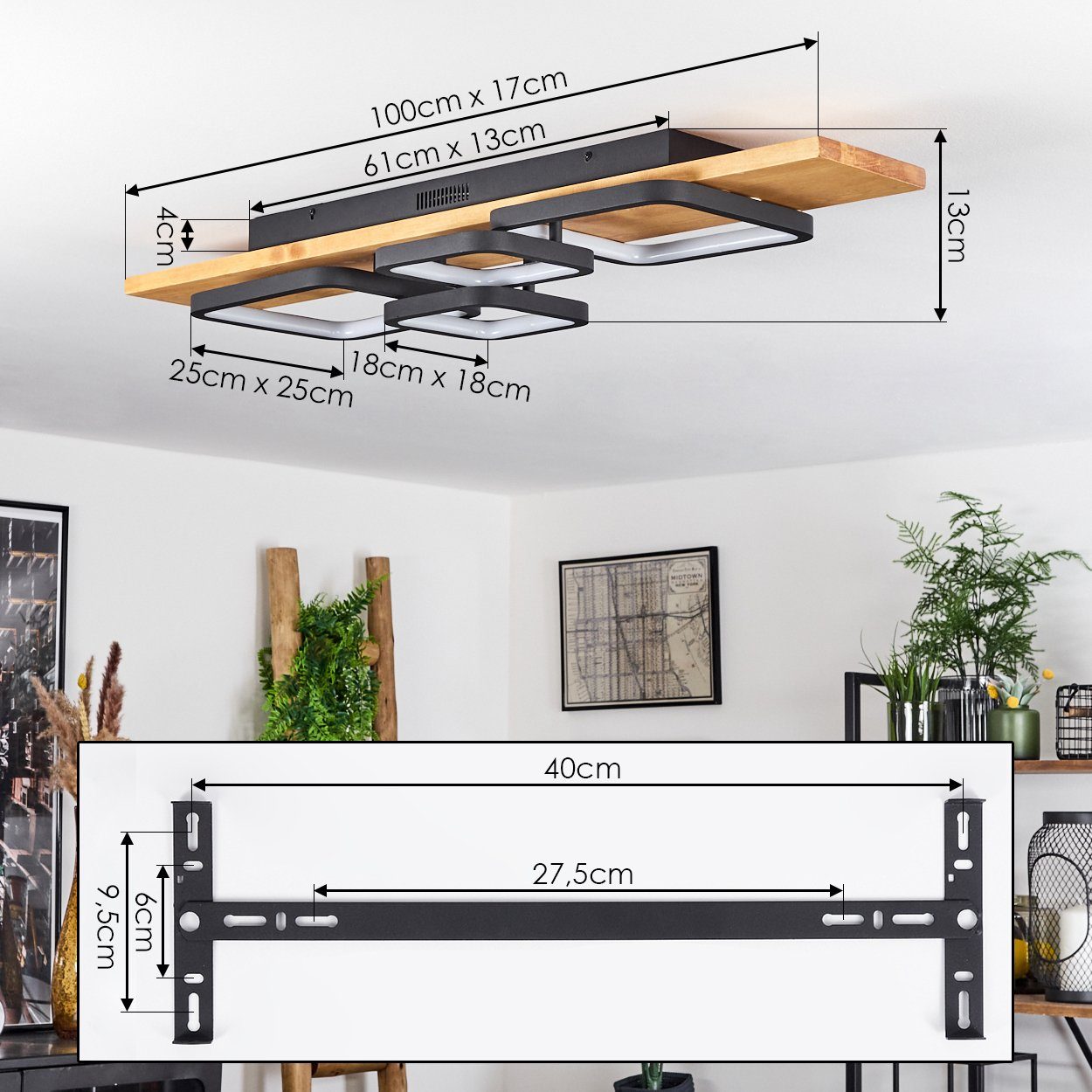 hofstein Deckenleuchte »Palermo« dimmbare Deckenlampe, Metall/Holz/Kunststoff, Schwarz/Natur, 3000 Kelvin, über herkömmlichen Lichtschalter dimmbar, LED 4200 Lumen, Weiß