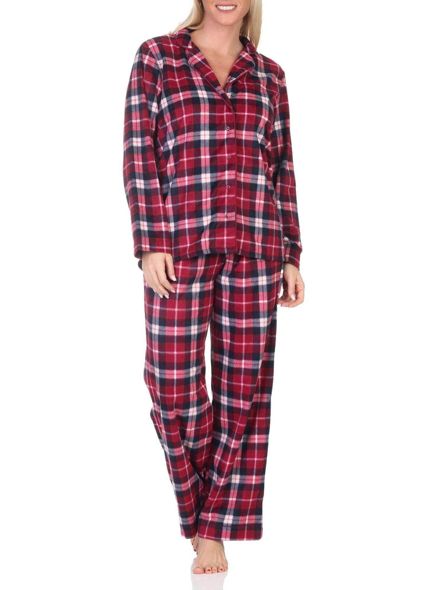 Normann Pyjama Normann Damen Fleece Schlafanzug in edler Karo-Optik zum durchknöpfen