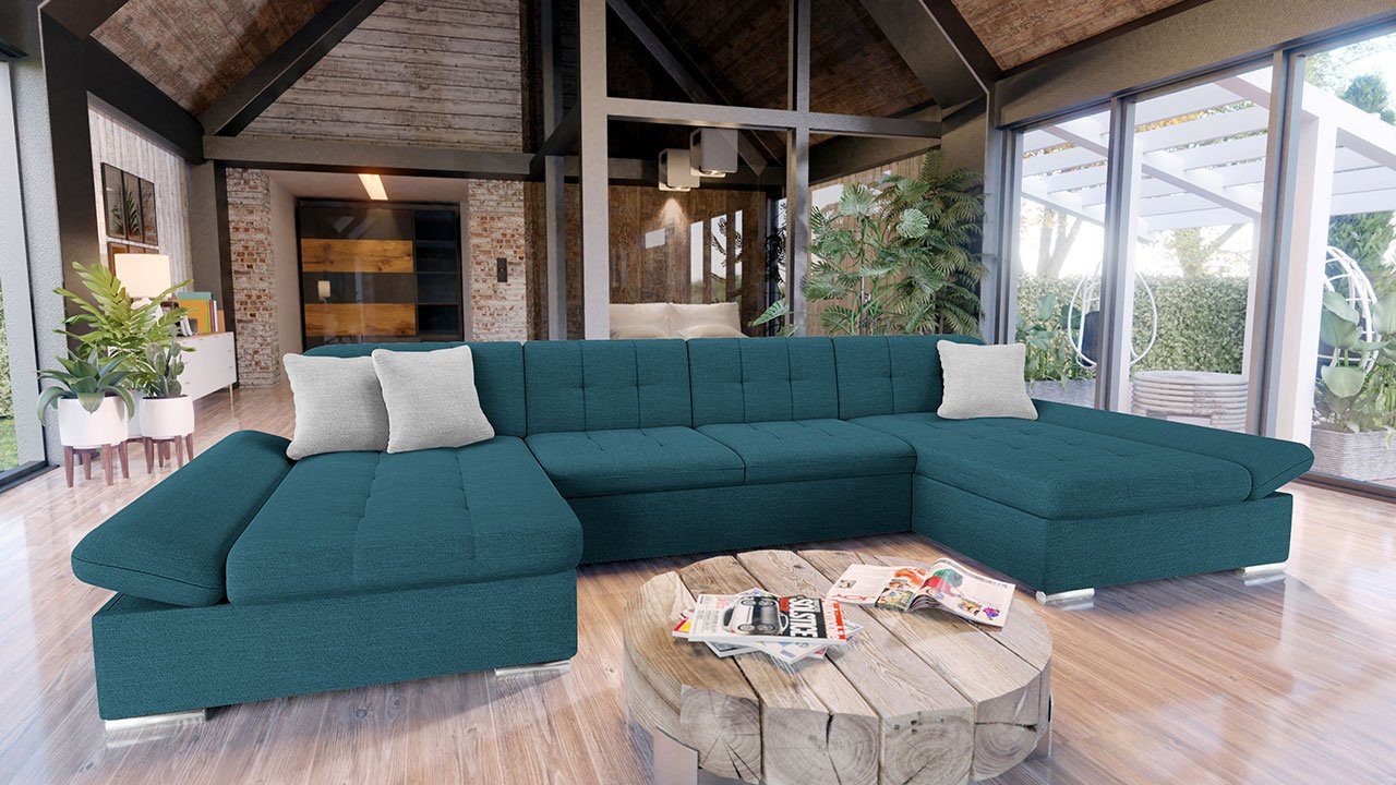 mit Alia MIRJAN24 2 U-Form Schlaffunktion, Couch Bettkasten Sofa mit und Regulierbare Ecksofa, Wohnlandschaft Wohnlandschaft Premium, Armlehnen,