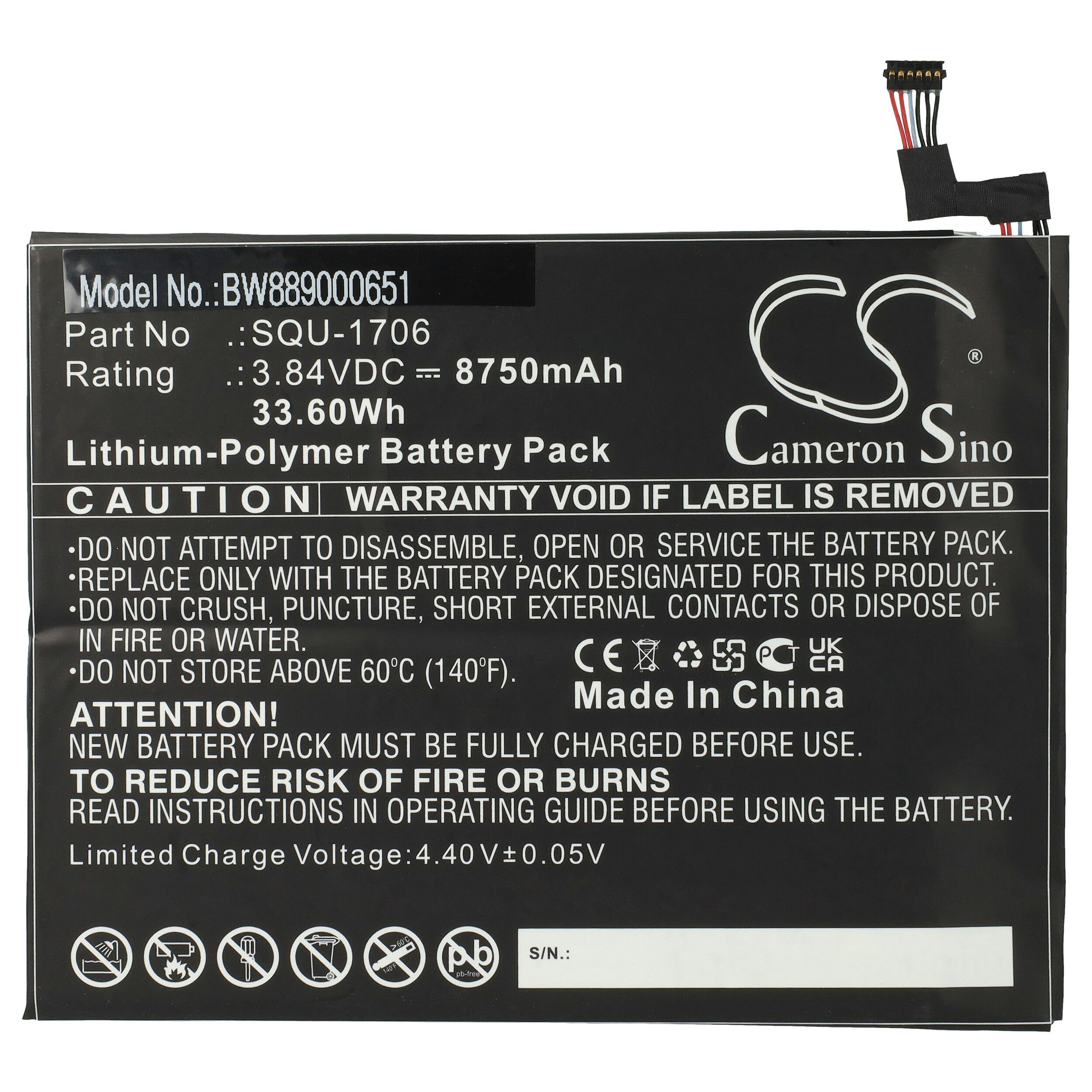vhbw Ersatz für Acer SQU-1706, KT.00201.004 für Tablet-Akku Li-Polymer 8750 mAh (3,84 V)