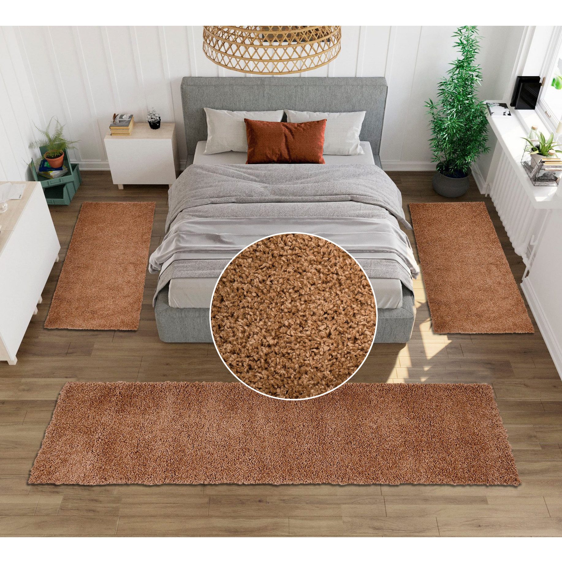 OTTO home Bettumrandung Shaggy 30, Höhe 30 mm, (3-tlg), gewebt, 2- oder 3-teilig, Bettvorleger, Läufer-Set, Uni-Farben