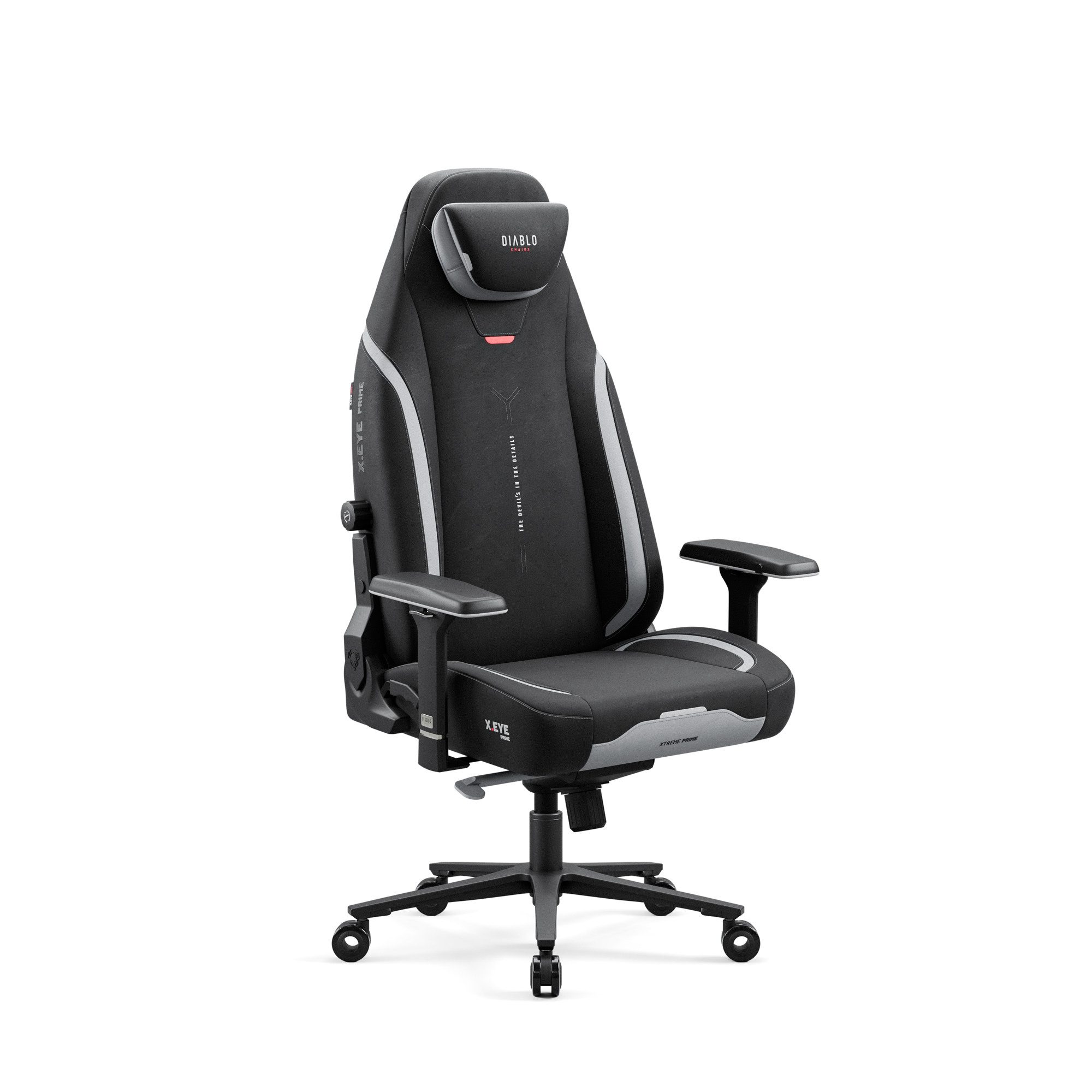 DIABLO CHAIRS Gaming-Stuhl X.Eye Prime Stoff ergonomisch 4D-Armlehnen Metallbasis 140kg (ProSpine Support, Wippmechanik 170°, Klasse-4-Gaslift), Magnet-Kopfstütze CoolComfort GentlePro TiltTech