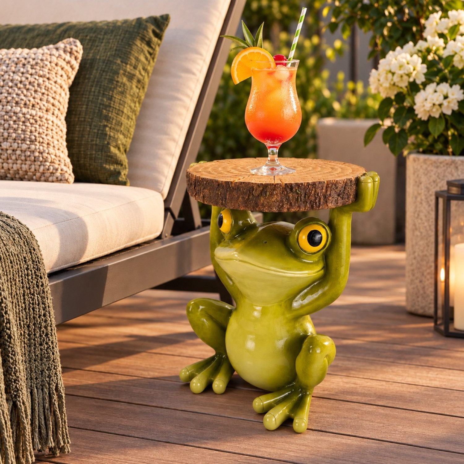Online-Fuchs Beistelltisch Frosch mit runder Baumscheibe in Holz Optik - Outdoor geeignet! (in 2 Größen wählbar, im glänzenden Glossy-Look gehalten), auch als Nachttisch, Gartentisch oder Blumenerhöhung einsetzbar