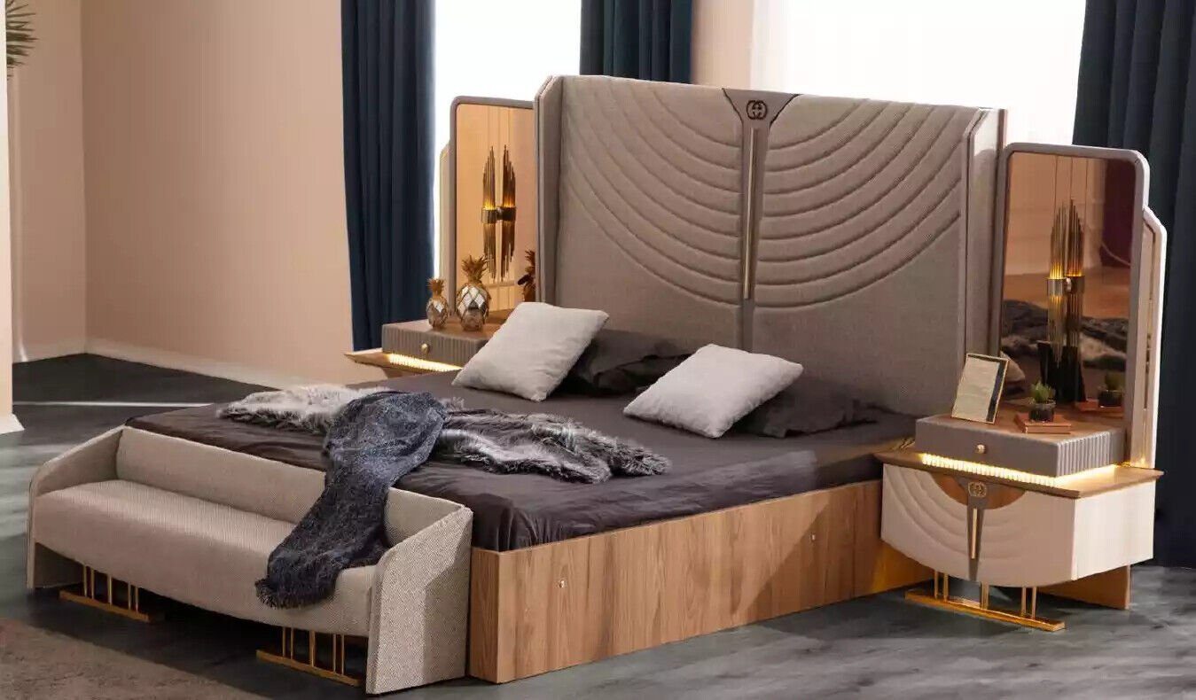 JVmoebel Schlafzimmer-Set Doppelbett Schlafzimmer Garnitur Bett Set Bank Beige Nachttische, (4-St., Bett/Bank/2x Nachttische), Made in Europa