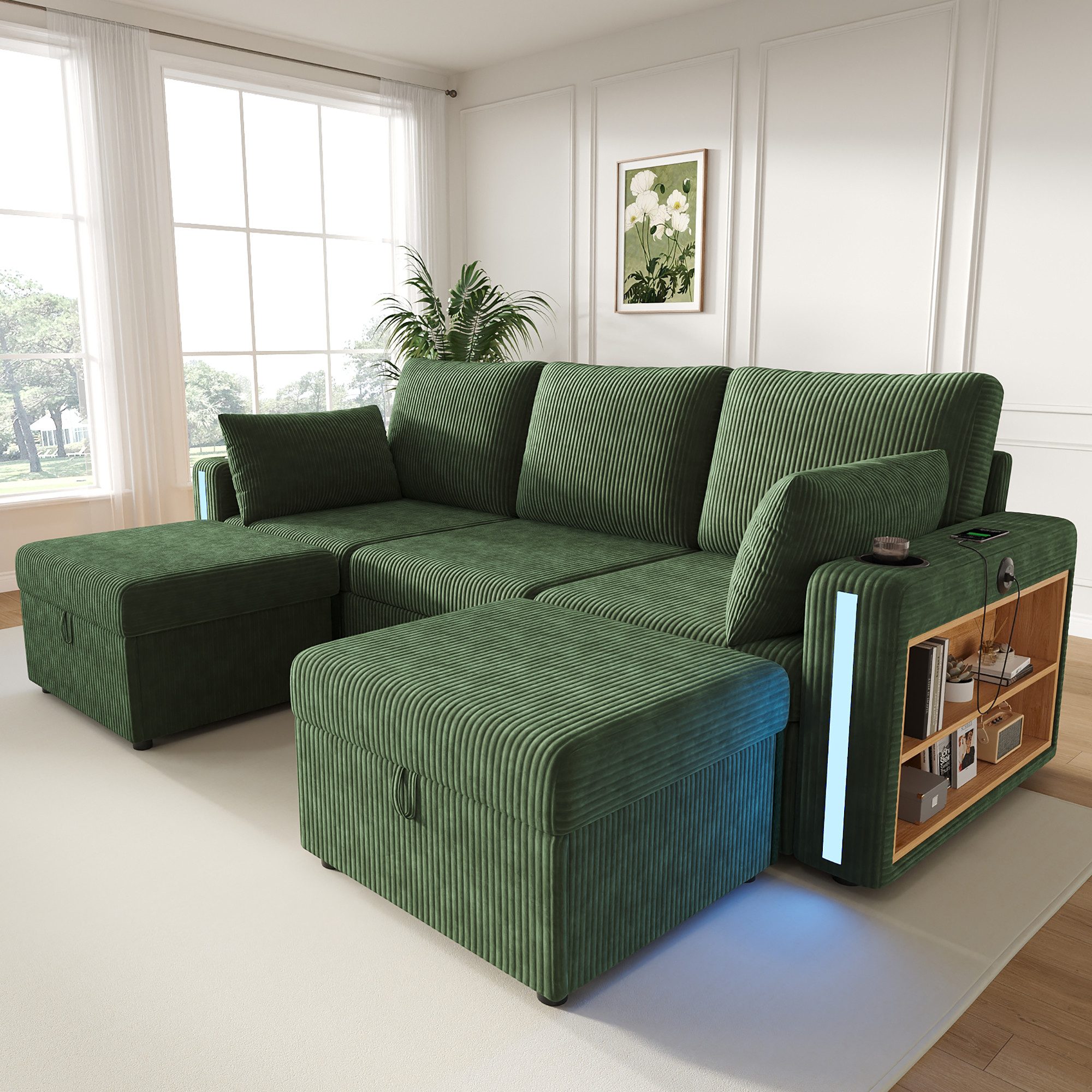 STILVORA Loungesofa Modulares U/L-Form Sofa mit Stauraum Relaxsofa mit LED-Stimmungslicht, Cordbezug, USB/Typ-C, Becherhalter, 2 Hocker, 190×130×85cm, für Wohnzimmer, Familien, Gästezimmer