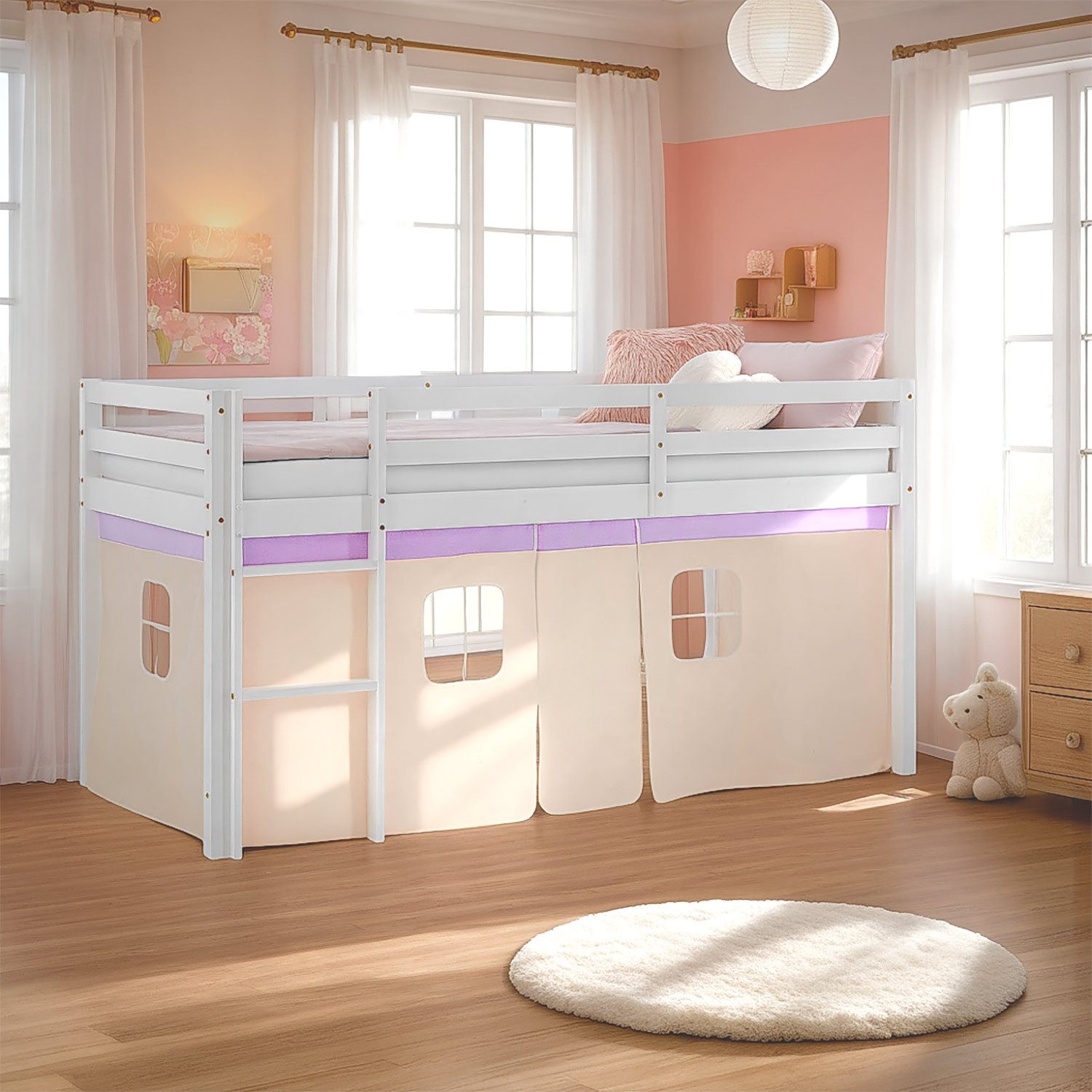 Homestyle4u Hochbett Kinder mit / ohne Rutsche 90x200 Holz Mädchen Rosa Lila Vorhang (Set, mit Lattenrost) mit Rausfallschutz, Mädchen