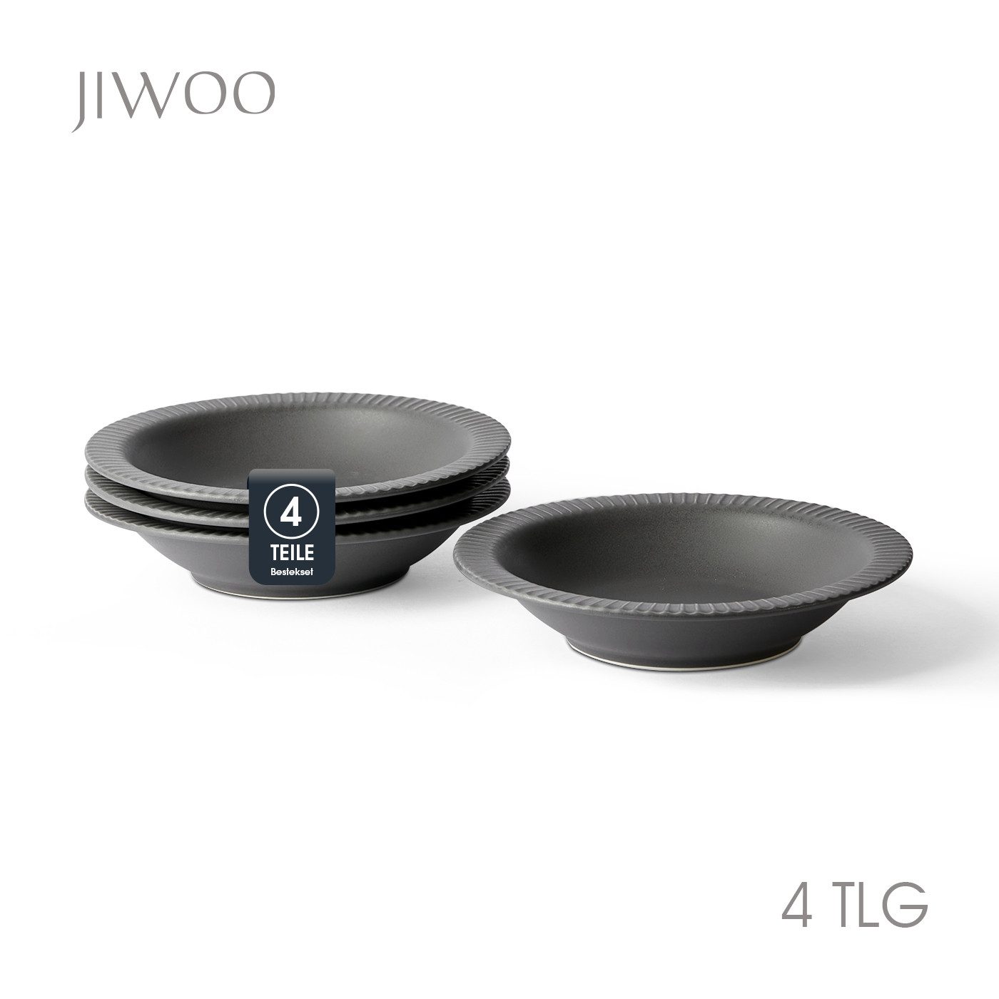 JIWOO Suppenteller 4er Ø21,2 cm, Speiseteller Pastateller Salatteller Dessertteller Plate, (4 St), Keramik Tellerset Grau mikrowellen- und spülmaschinenfest Ø21,3 cm