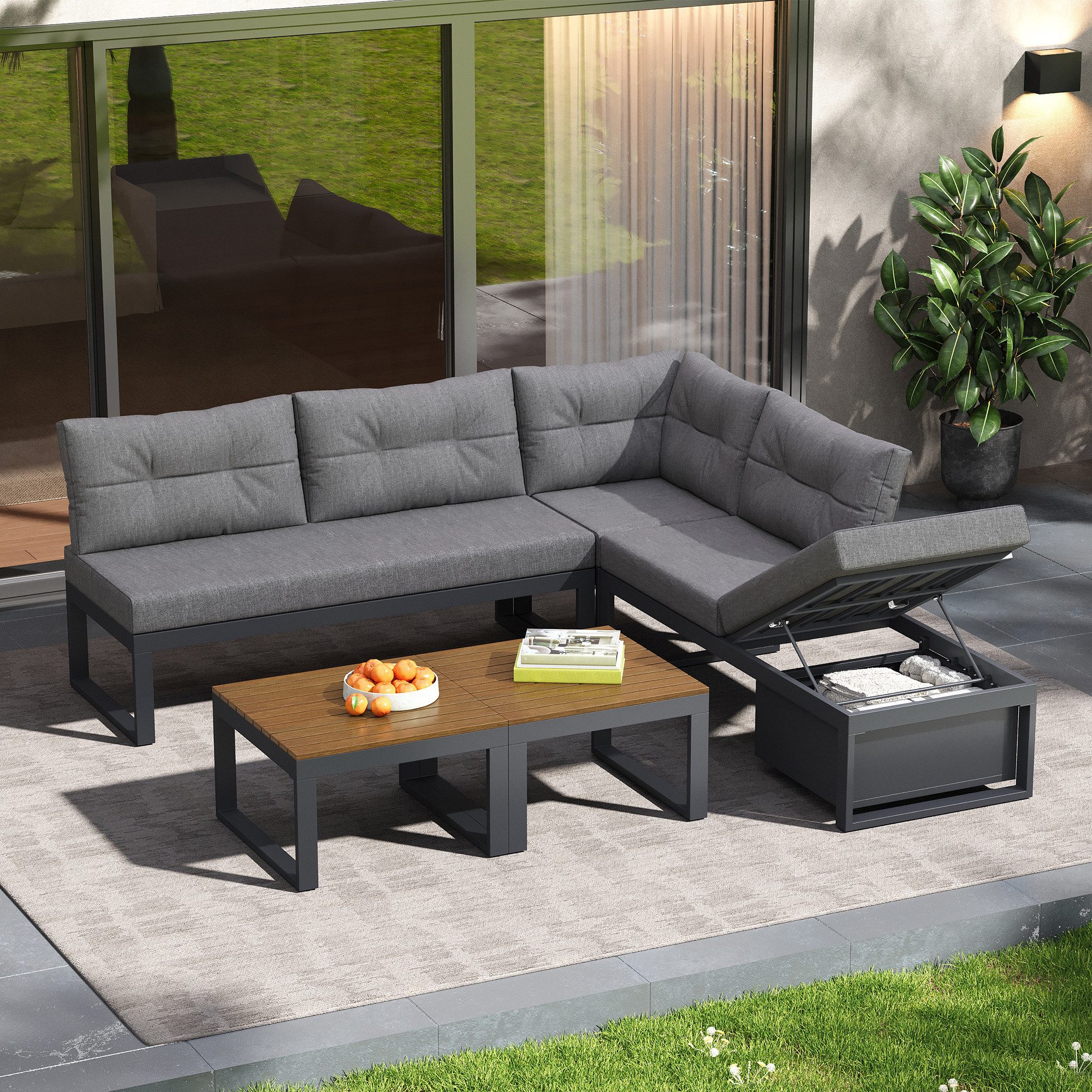 BlingBin Gartenlounge-Set Gartenmöbel mit 3-stufig verstellbarer Rückenlehne, Outdoor Essgruppe, (5er Set, 5-tlg., Balkonmöbel mit Liegefunktion, wetterfester Polyesterbezug), Loungesessel-Set mit Komfortpolstern und Stauraum für Terrasse,Balkon