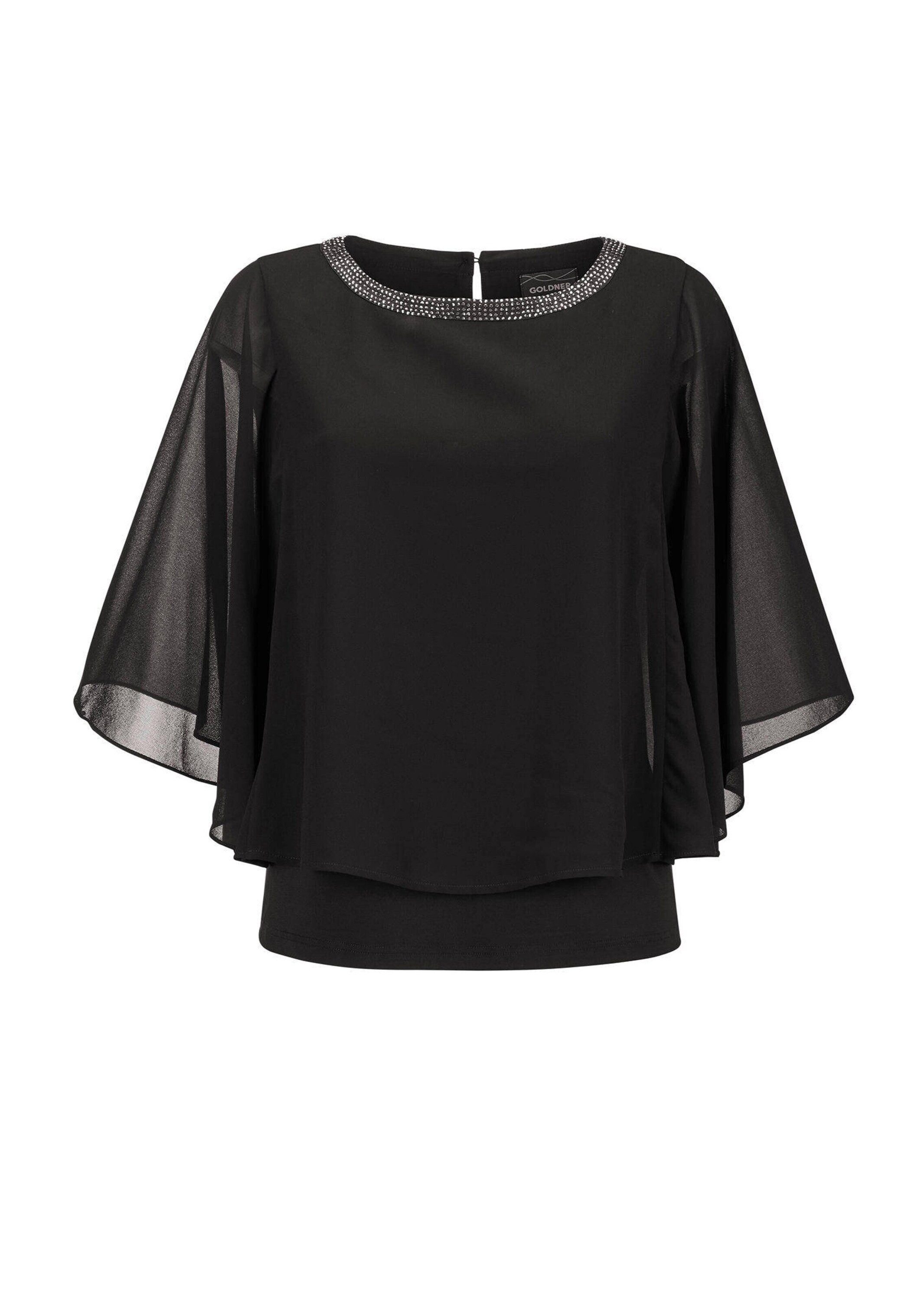 GOLDNER Shirtbluse Kurzgröße: Edle Chiffonbluse, U-Boot-Ausschnitt Herbsttunika mit Glitzersteinen am Ausschnitt und weiten 3/4-Ärmeln