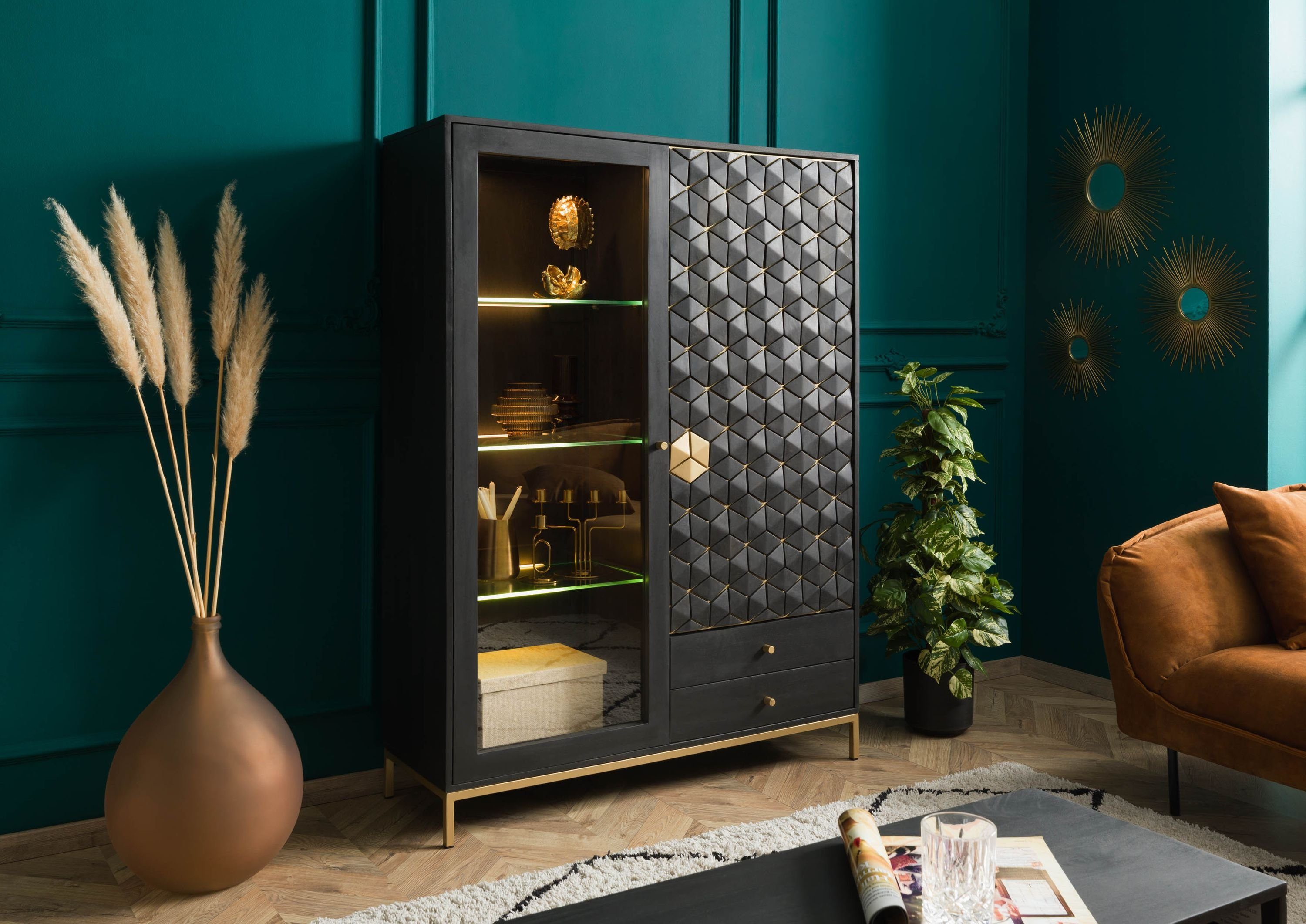 Massivmoebel24 Highboard DIAMOND (Massivholz), Mango 120x40x165 grau geölt DIAMOND #117