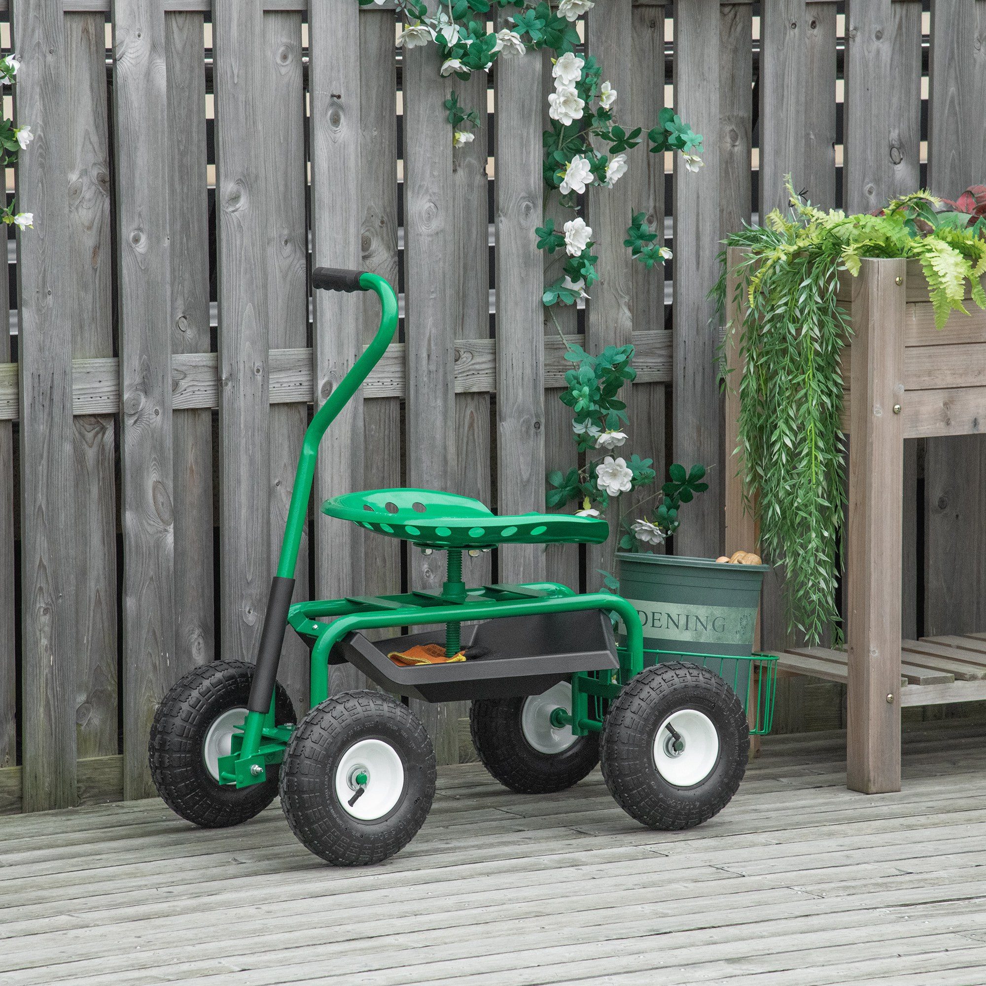 Outsunny Werkzeugwagen Rollsitz 360 ° drehbar höhenverstellbar Gartensitz mit Ablagefläche, mit Stauraumfach, max. Traglast:150 kg, 0-tlg. Werkzeugset, (Werkstattwagen, 1-tlg., Gartenwagen), für Garten, Grün