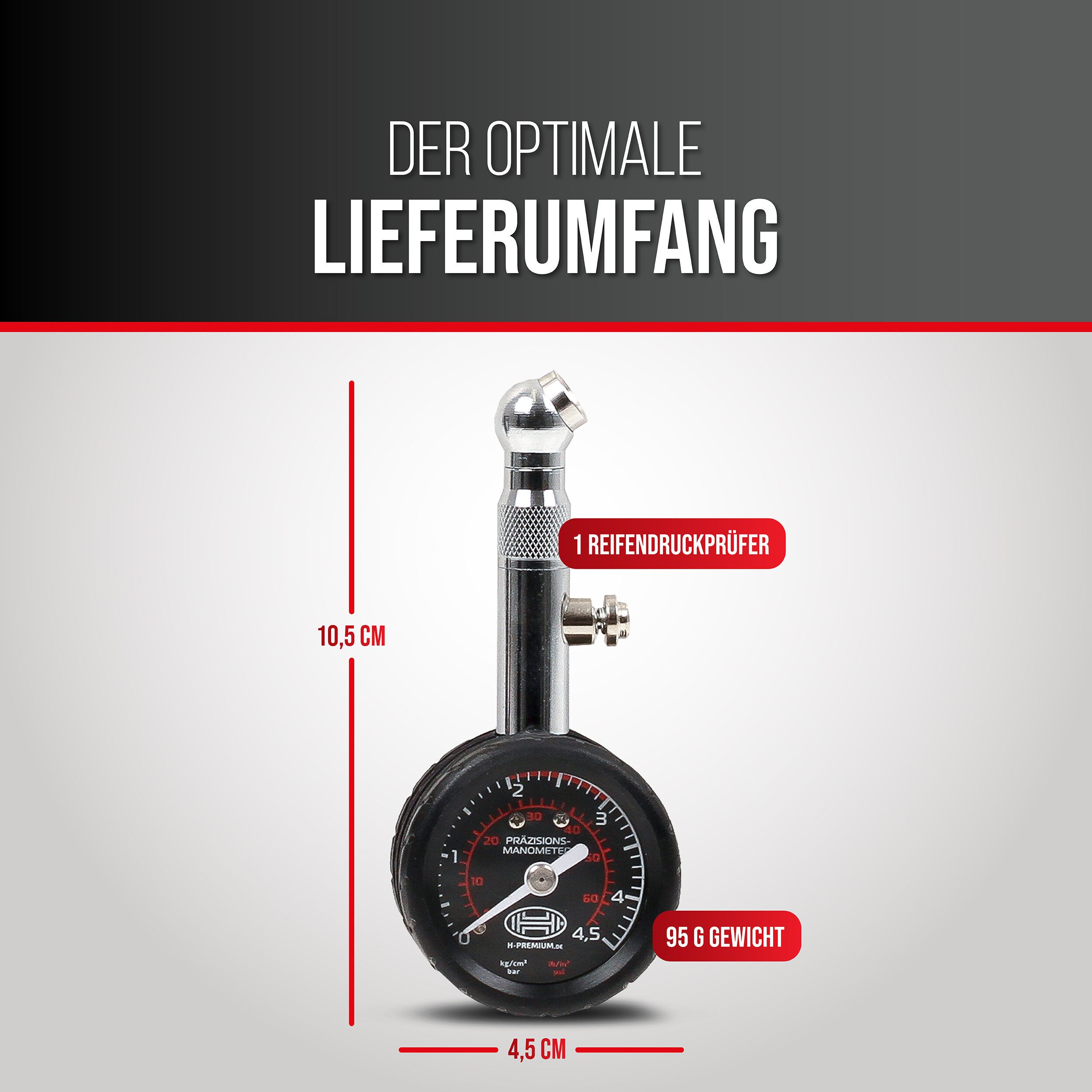 HEYNER Reifendruckkontrollsystem Reifendruckprüfer Luftdruckprüfer Manometer für Reifen bis 4,5 bar, 1-tlg., Mit Resultat-Halte-Funktion