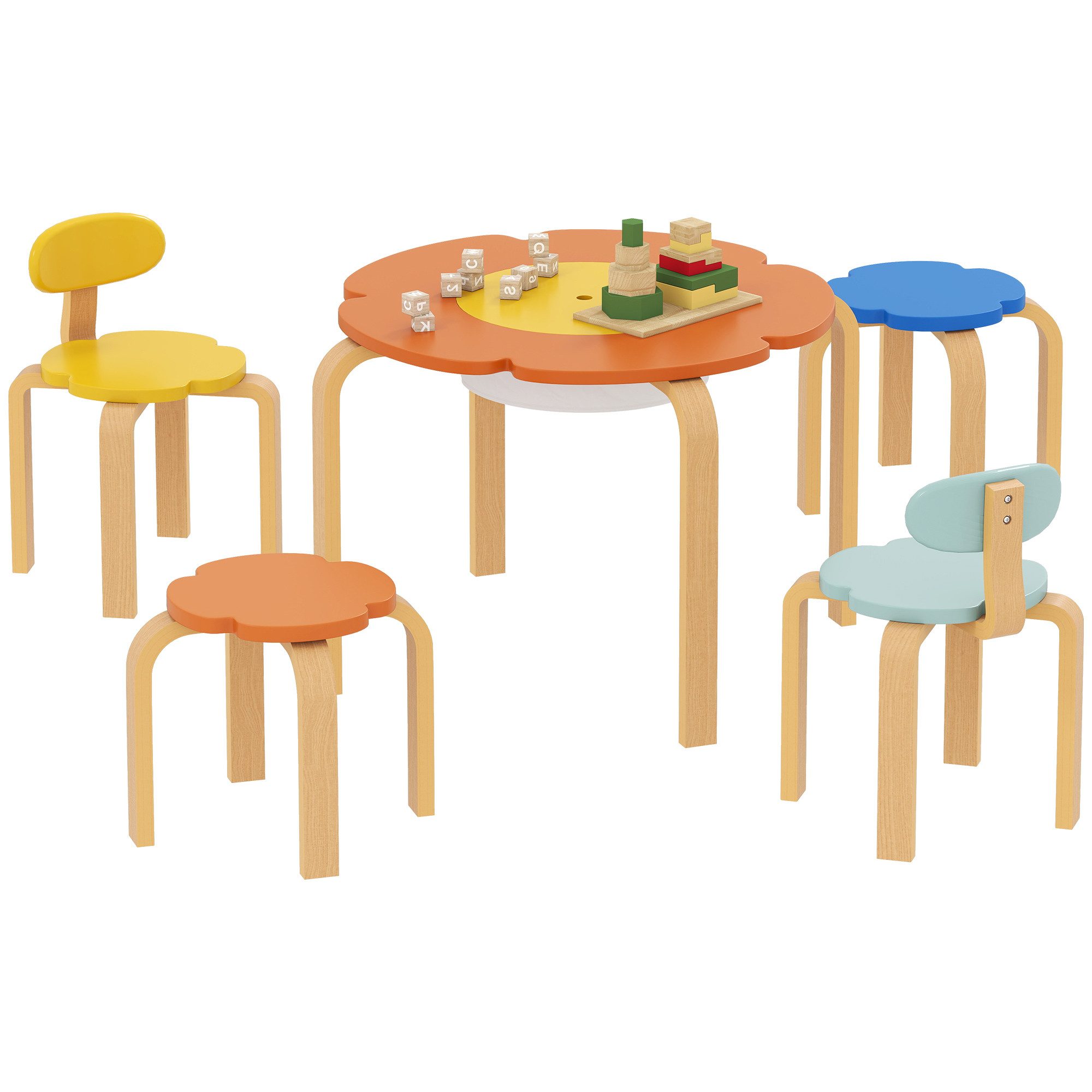 AIYAPLAY Kindersitzgruppe Kindertisch mit Stauraum Kindertisch Holz mit 4 Stühlen, (Kindermöbel, 5-tlg., 5-teiliges Set mit Tisch, Stühlen und Hockern), Blumenform, Mehrfarbig