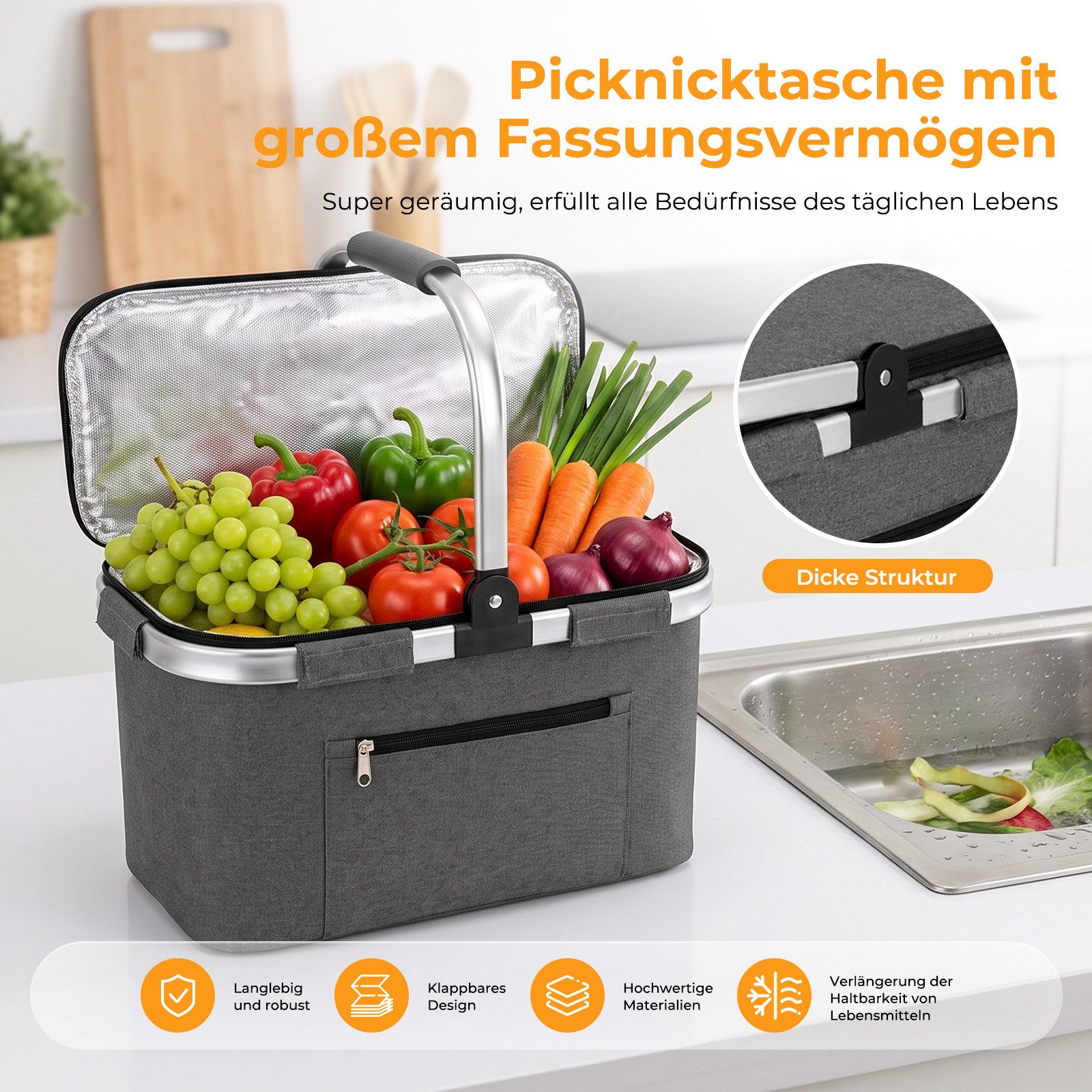 AKKEE Einkaufskorb Großer Picknickkorb mit gepolsterten Griffen Praktischer, Faltbarer Korb Einkaufstasche mit Aluminiumrahmen – Bild 2 von 5