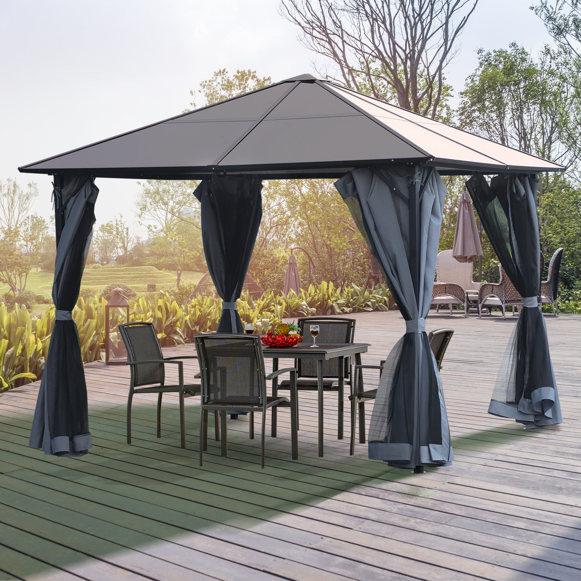 Outsunny Pavillon mit Seitenteilen, PC Dach, mit 4 Seitenteilen, (Partyzelt, Gartenpavillon), für Garten, Balkon, Grau