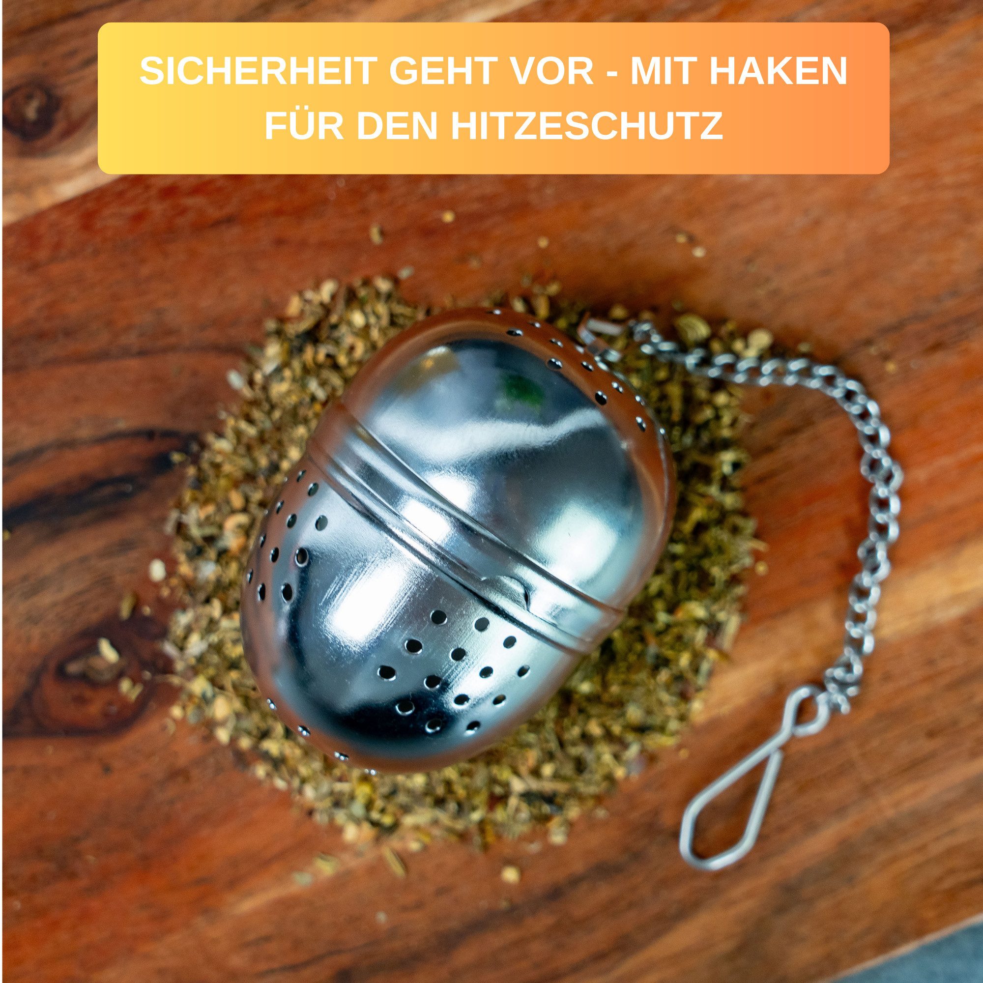 Thiru Teesieb Premium Teeei & Gewürzsieb Edelstahl inkl. Untersetzer, Teeei 1er – Bild 4 von 5