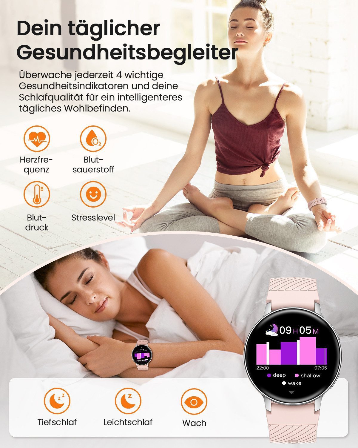 Whraills 2026 NEW Smartwatch Damen Fitnesstracker Uhr mit Anrufe,Pulsuhr,SpO2 Smartwatch (3.53 cm/1,39 Zoll, HD Touchscreen), Smartwatch für Damen mit Blutdruck – Bild 5 von 5