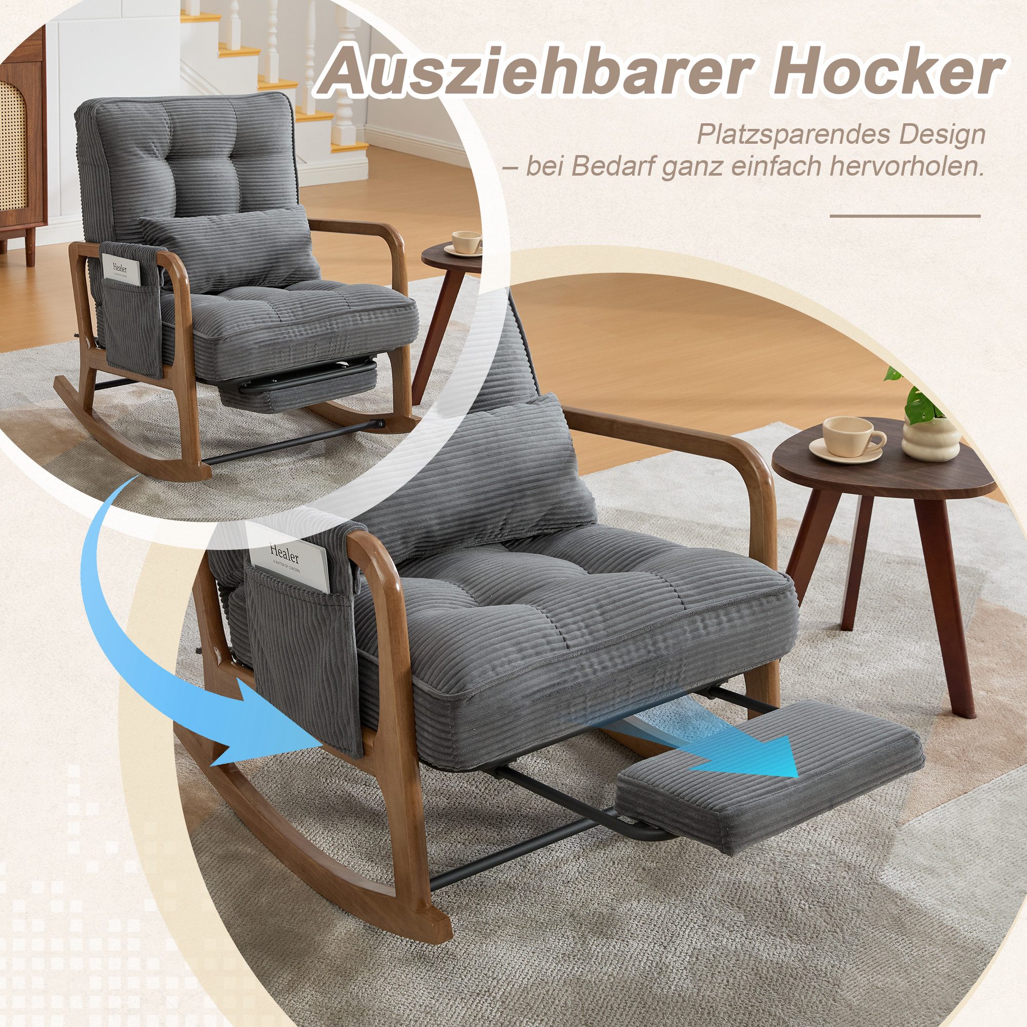 Celya Schaukelstuhl Freizeitstuhl mit Fußstütze und Seitentaschen, Ideal für Wohn-, Schlaf- und Kinderzimmer – Bild 4 von 5