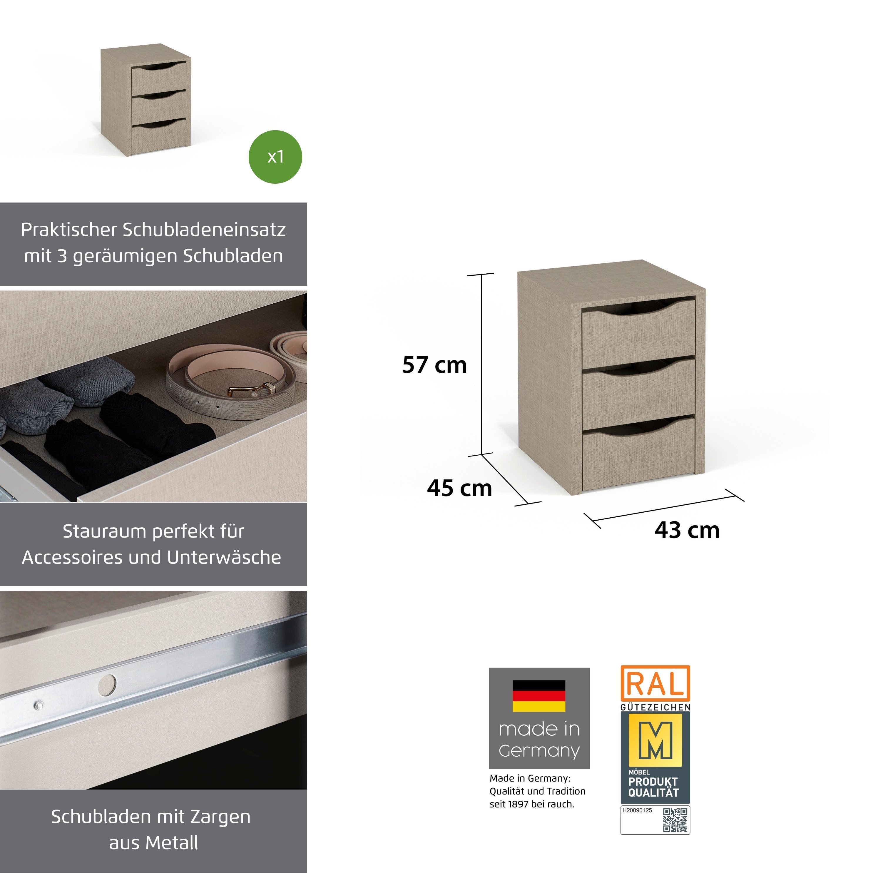 rauch Schubladeneinsatz Zubehör für Rauch-Schränke ORANGE/BLUE, mit 3 Schubladen und Metallauszügen Breite 43 cm, Tiefe 45 cm