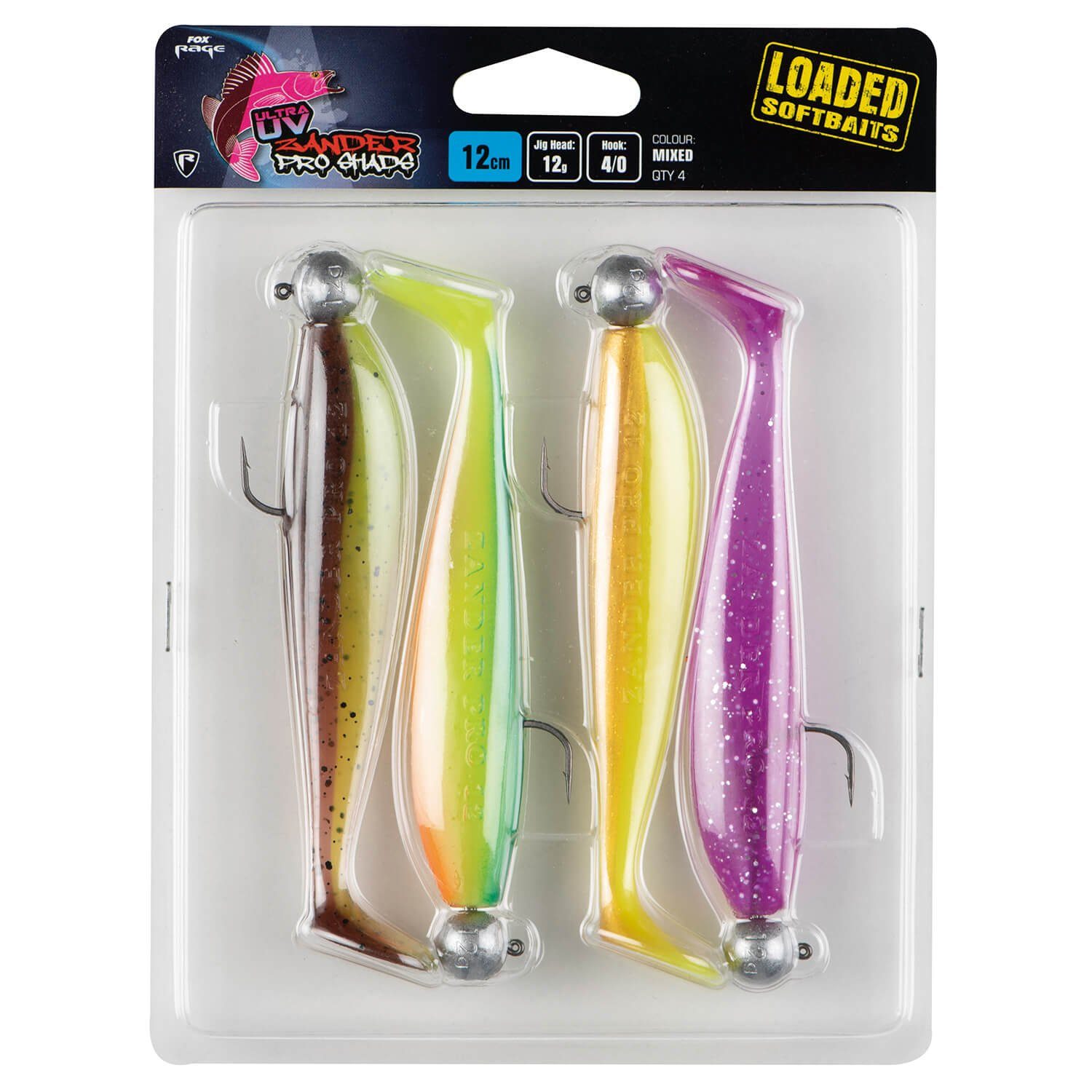 Fox Rage Kunstköder Fox Rage Zander Pro Shad UV mit Jighaken Gummiköderset 4Stk, (4-St)