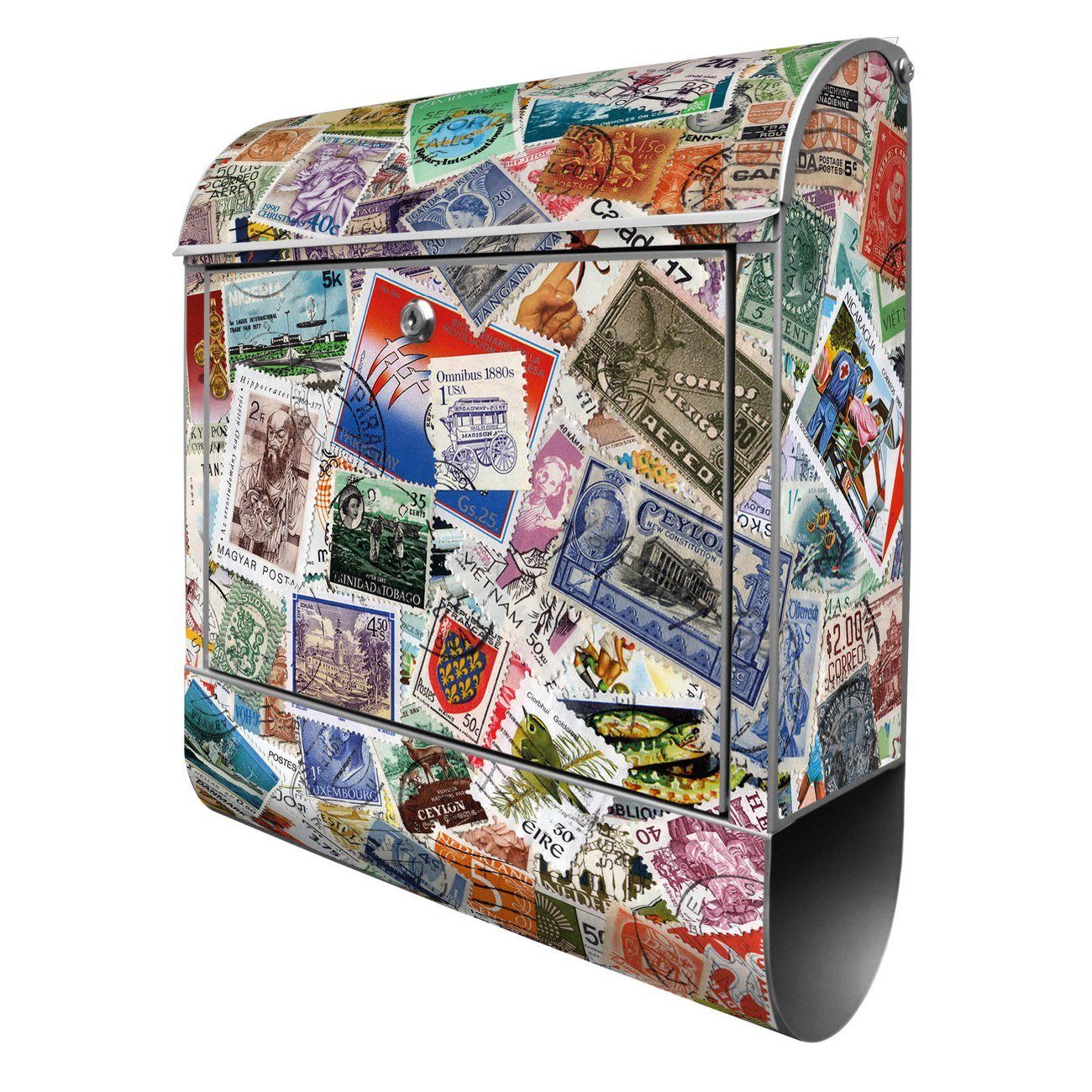 banjado Wandbriefkasten Stahl Briefmarken (Wandbriefkasten witterungsbeständig, pulverbeschichtet, mit Zeitungsfach), 39 x 47 x 14cm silberfarben | Briefkästen