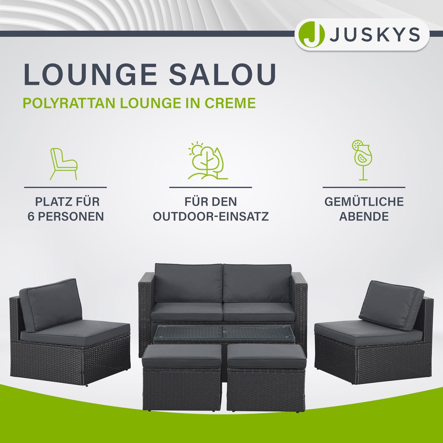 Juskys Gartenlounge-Set Salou, (6-tlg), für 6 Personen, Polyrattan, Glasplatte, wetterfest, mit Kissen