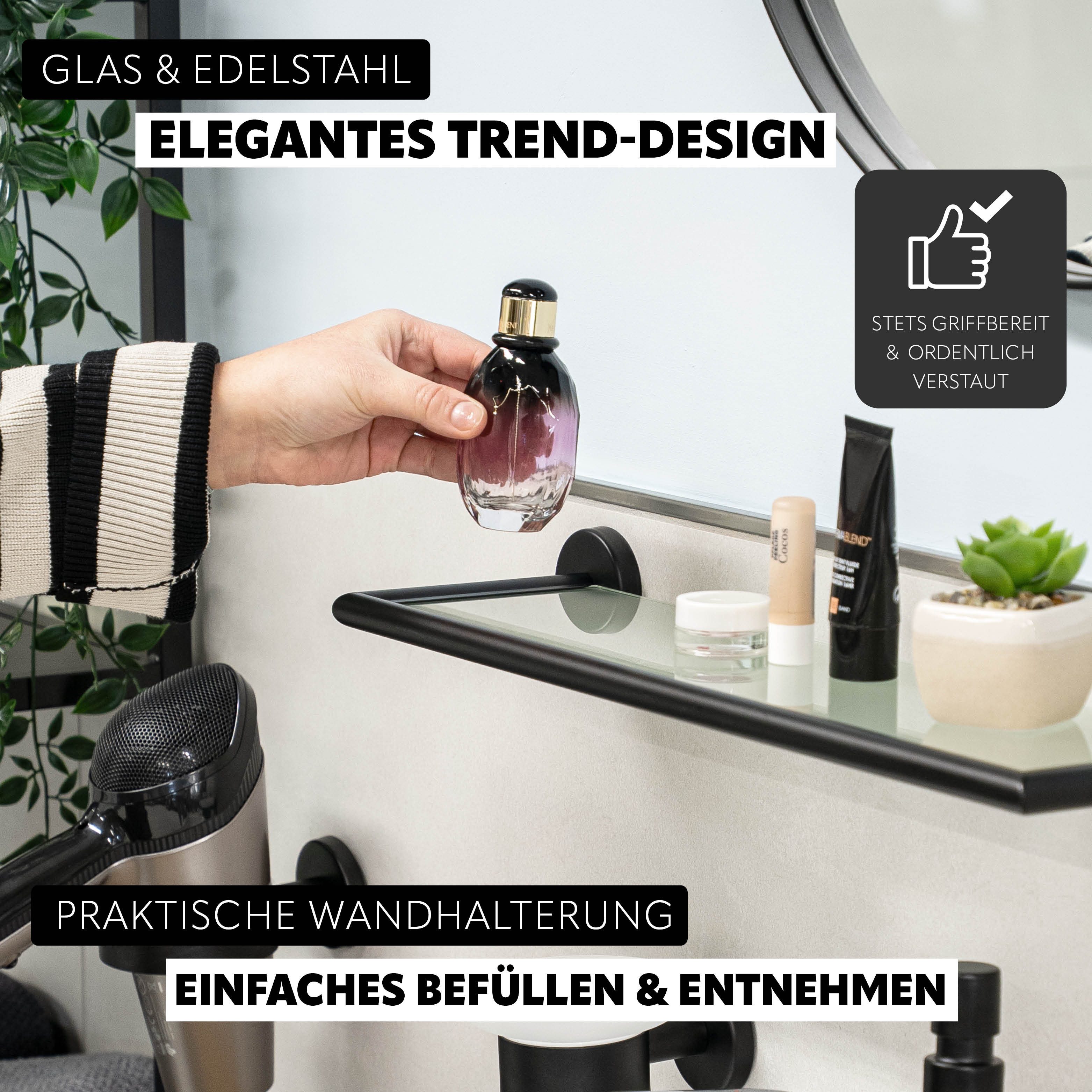bremermann Wandregal Bad-Serie PIAZZA BLACK - aus Glas und Edelstahl matt schwarz, 1-tlg.