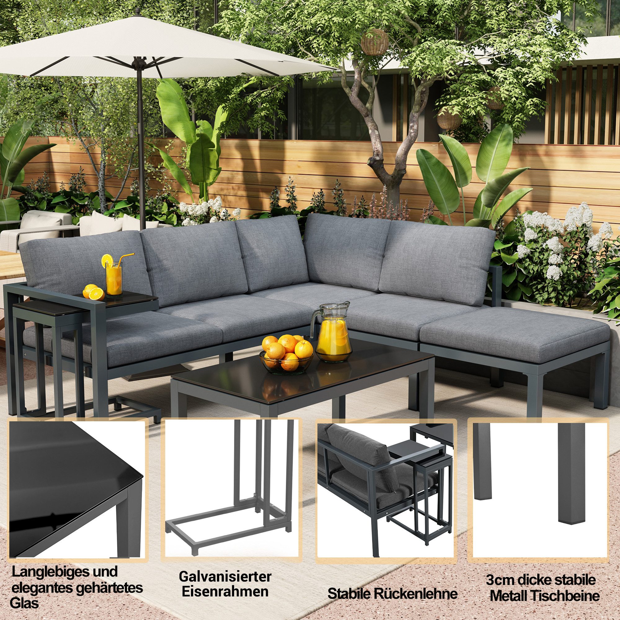 Merax Gartenlounge-Set für 5 Personen mit Kissen, (5-tlg., 2 Eckbänke, 1 Hocker, 1 Couchtisch, 1 Beistelltisch), Gartenmöbel Set mit Aluminiumrahmen, Loungeset, Balkonset