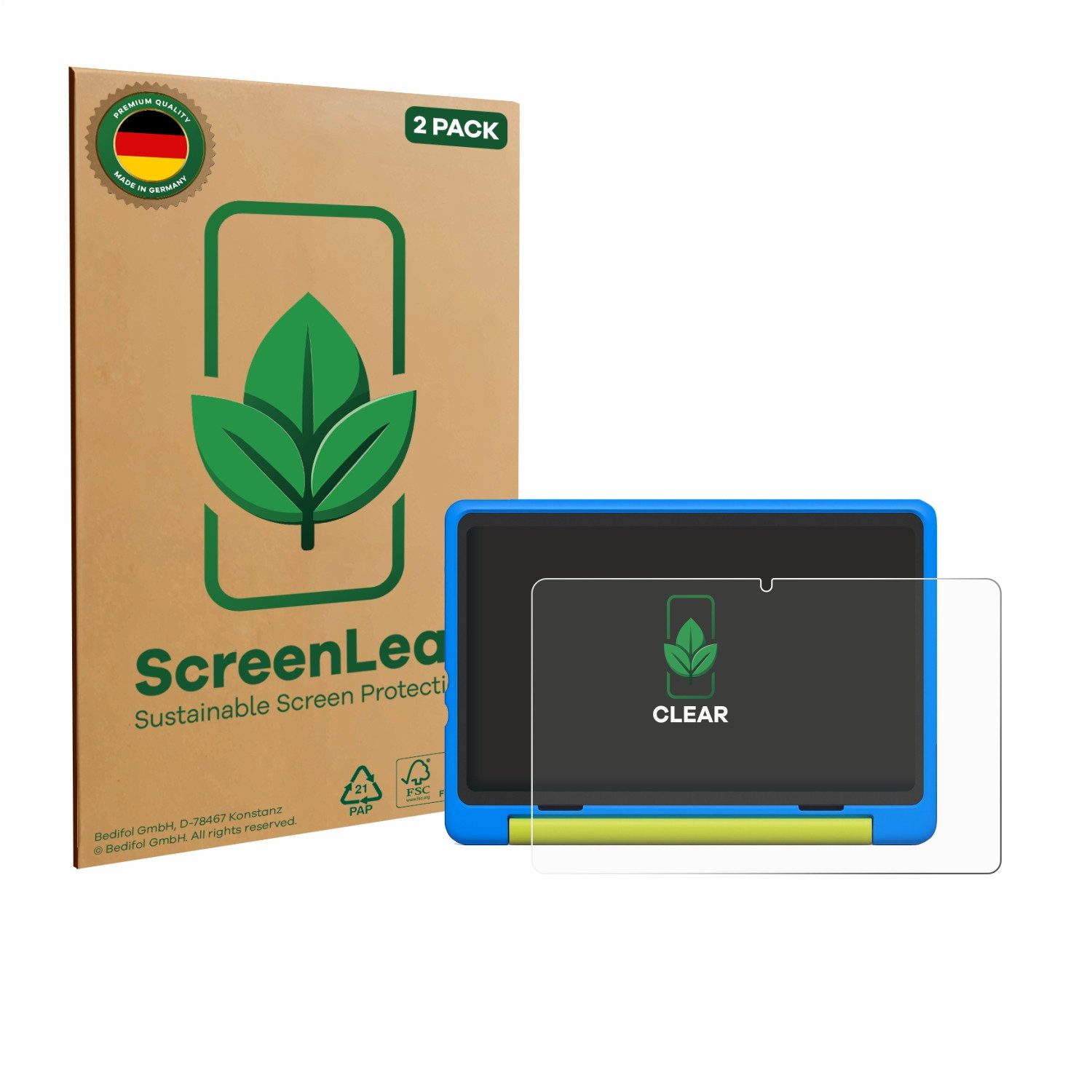 ScreenLeaf Displayschutzfolie Schutzfolie für Happybe Kids Tablet 10", 2 Stück, nachhaltiger Displayschutz Schutz Folie Klar Transparent