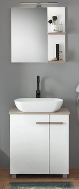 Furn.Design Badmöbel-Set Dense, (in weiß Hochglanz und Eiche, 4-St., inklusive Waschbecken und LED-Beleuchtung), stehend/hängend