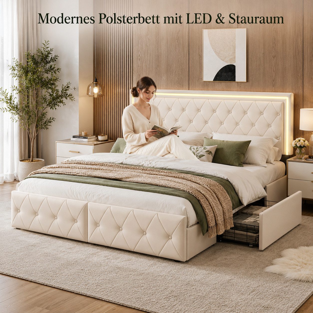 Simurq Polsterbett Doppelbett 140x200 Stauraumbett Mit 4 Schubladen,Verstellbare Kopfteil (Set, Ohne Matratze), Jugendbett Gepolstertes Bett mit Aufbewahrungsbett mit Lattenrost,PU