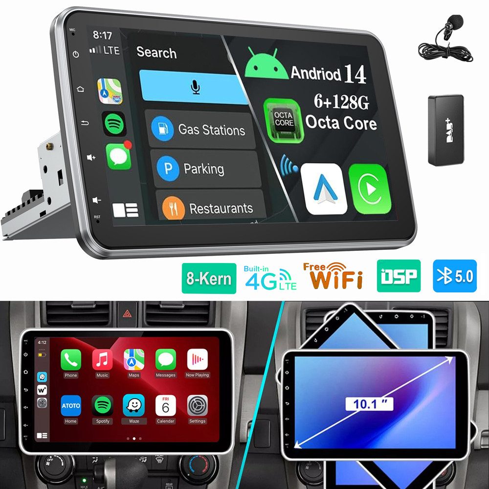 ESSGOO 8-Kern 6GB+128GB Android 14 GPS 1 DIN 360° Drehbar Bildschirm Autoradio (Digitalradio (DAB), RDS, FM, AM, Carplay Android Auto GPS Navi WIFI BT)