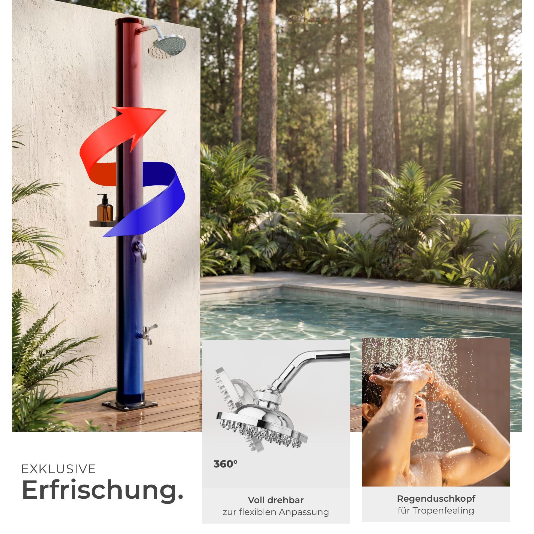 tectake Gartendusche Solardusche - 20 l Warmwasser im Freien (Freiluftdusche Tinto, 1 St., in Schwarz/Silber), Stufenlos einstellbare Mischbatterie
