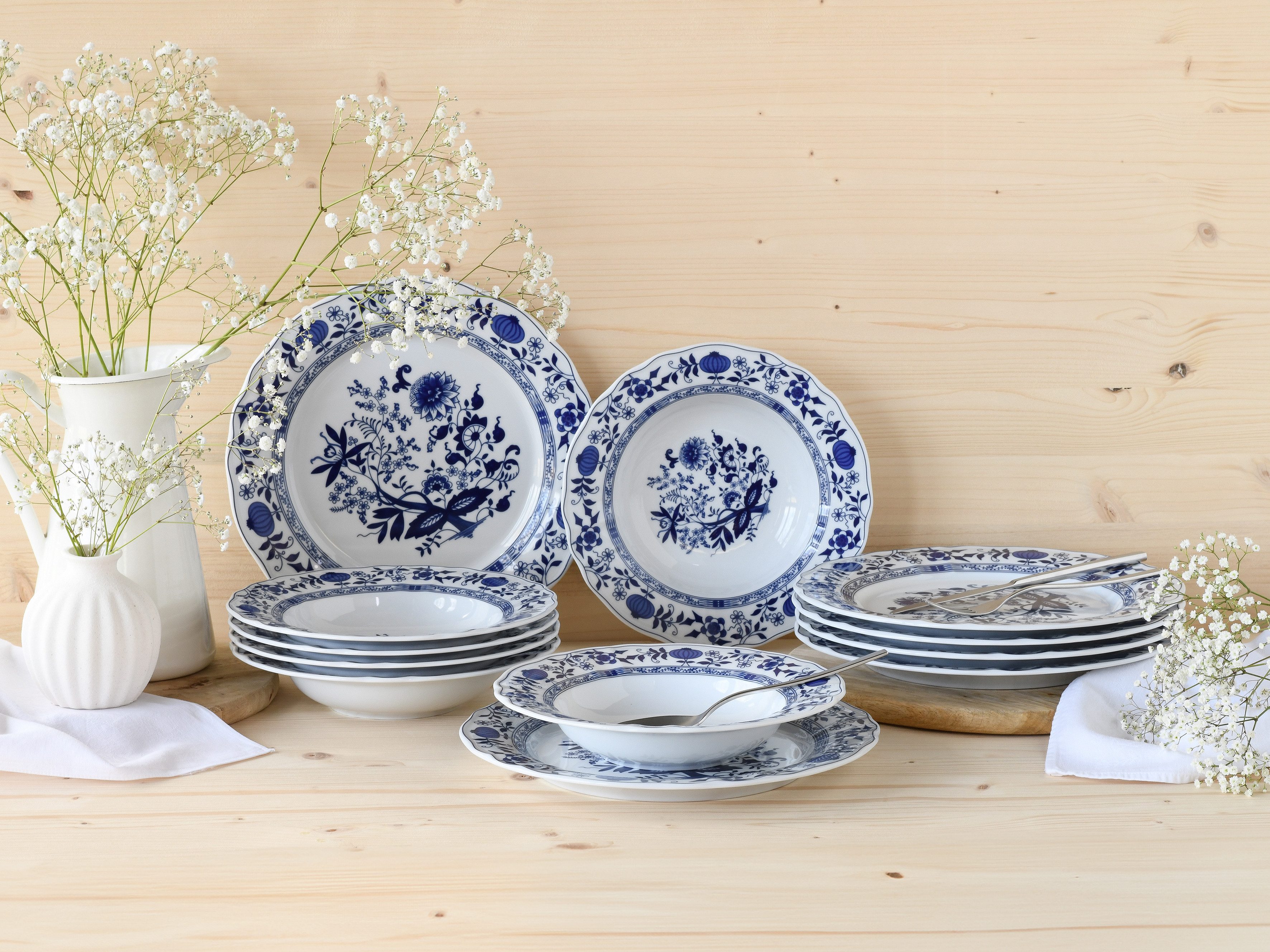 CreaTable Tafelservice Flora Zwiebelmuster, Tafel-Service 12-tlg (12-tlg), 6 Personen, Porzellan, Teller Set, Nostalgisch, Vintage