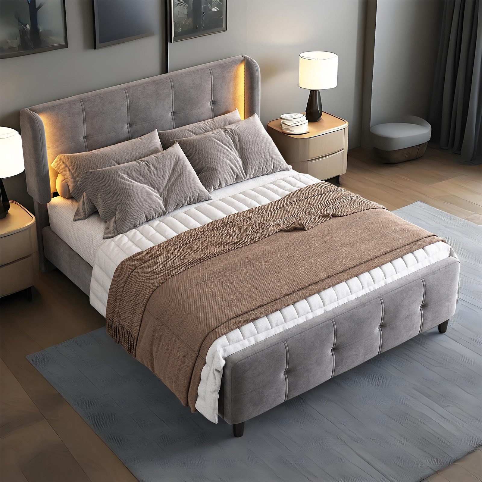 MODFU Polsterbett Funktionsbett mit 16-Farbiger LED-Beleuchtung, Verstellbarem Kopfteil (Doppelbett, Gesteppte Kopf- und Fußteil, Samtbezug, Stabiler Lattenrost, 140x200cm), Ohne Matratze