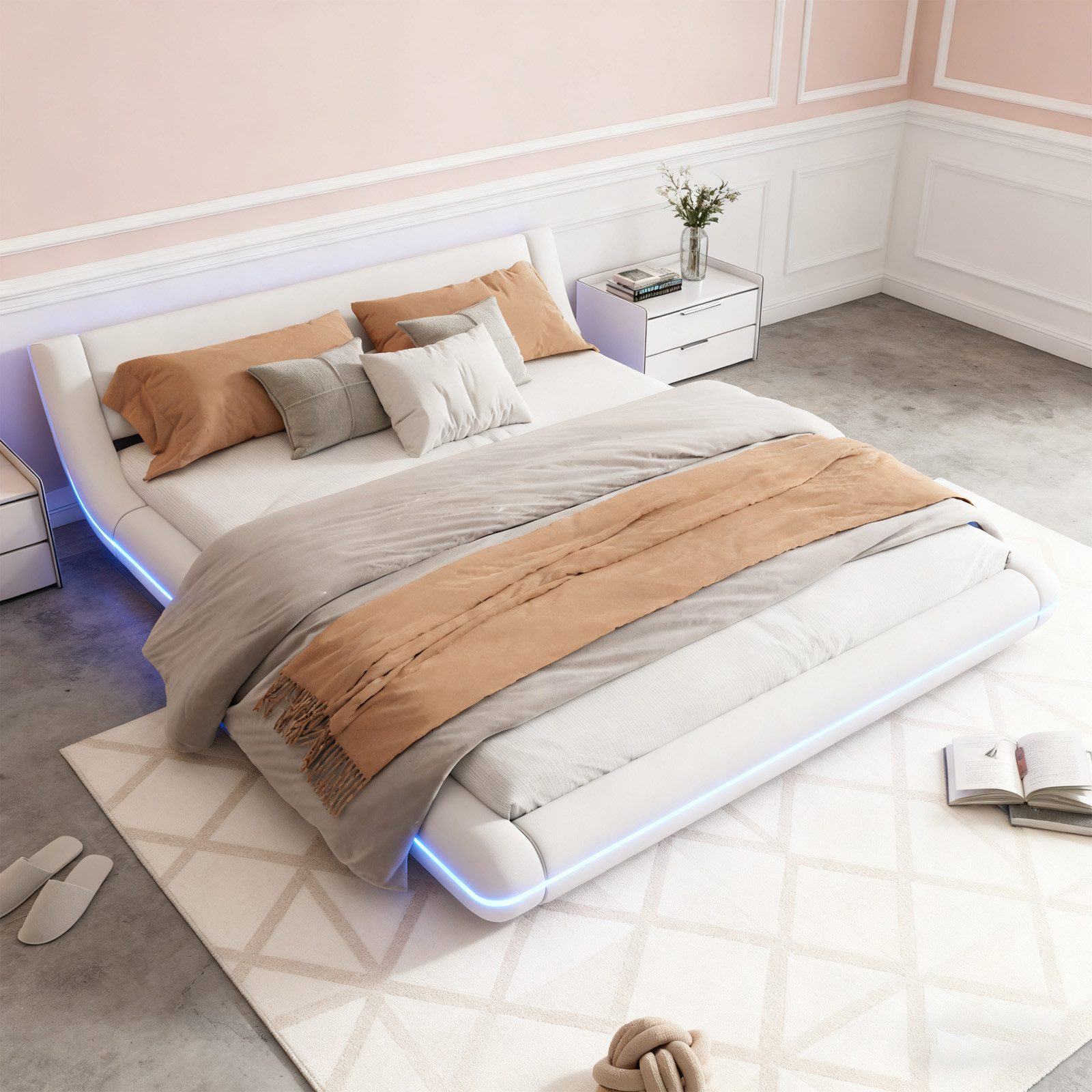 MODFU Polsterbett mit LED-Umgebungsbeleuchtung und 24-Tasten-Fernbedienung (niedriges Bodenbett in elegantem, Doppelbett Kinderbett 160x200 cm), ohne Matratze