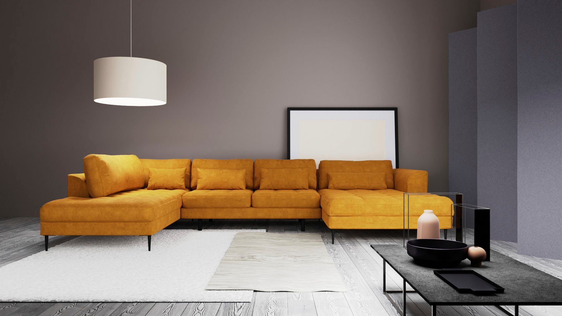 TRENDMANUFAKTUR Wohnlandschaft Luzi, gemütliches Sofa, extra viel Platz, viele Kissen, Designsofa mit tollem Sitzkomfort, Metallfüße schwarz, Breite 361 cm