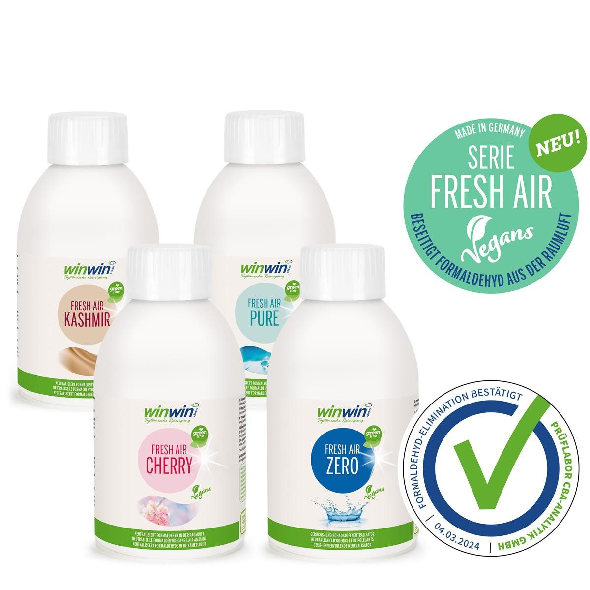 winwinCLEAN Raumduft FRESH AIR Vegans Kashmir,Cherry,Pure,Zero Luftreinigungs-Konzentrat (Spar Set, 4-St., 250ml FRESH AIR Vegans), Geruchsentferner,Geruchsneutralisierer,Reiniger,Raumluftdeo,Erfrischer