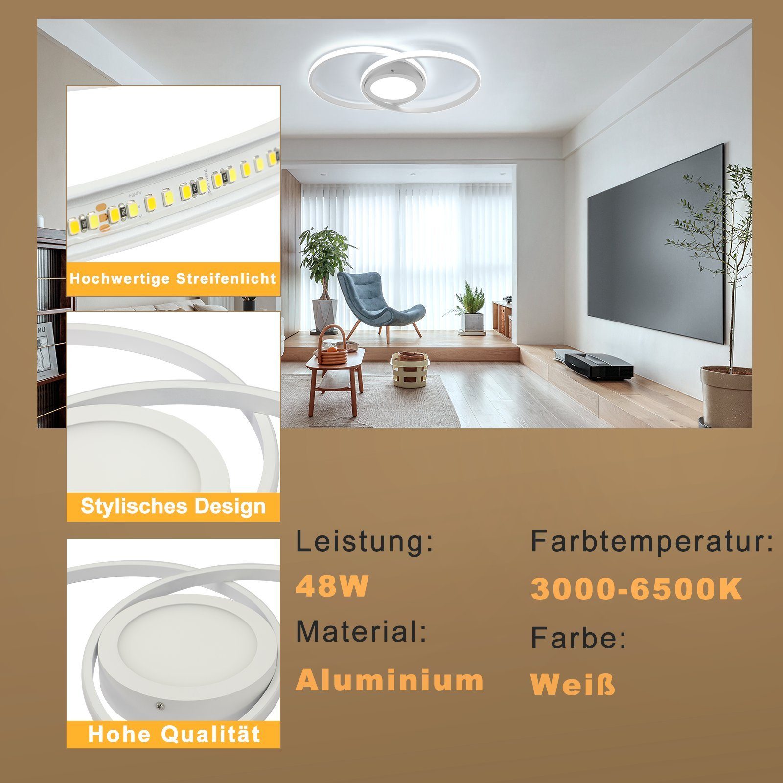 W Licht, Dimmbar Metall Fernbedienung, Schwarz/Weiß Licht/natürliches LED Wohnzimmer Deckenleuchte Licht/kaltes Nettlife mit 48 warmes