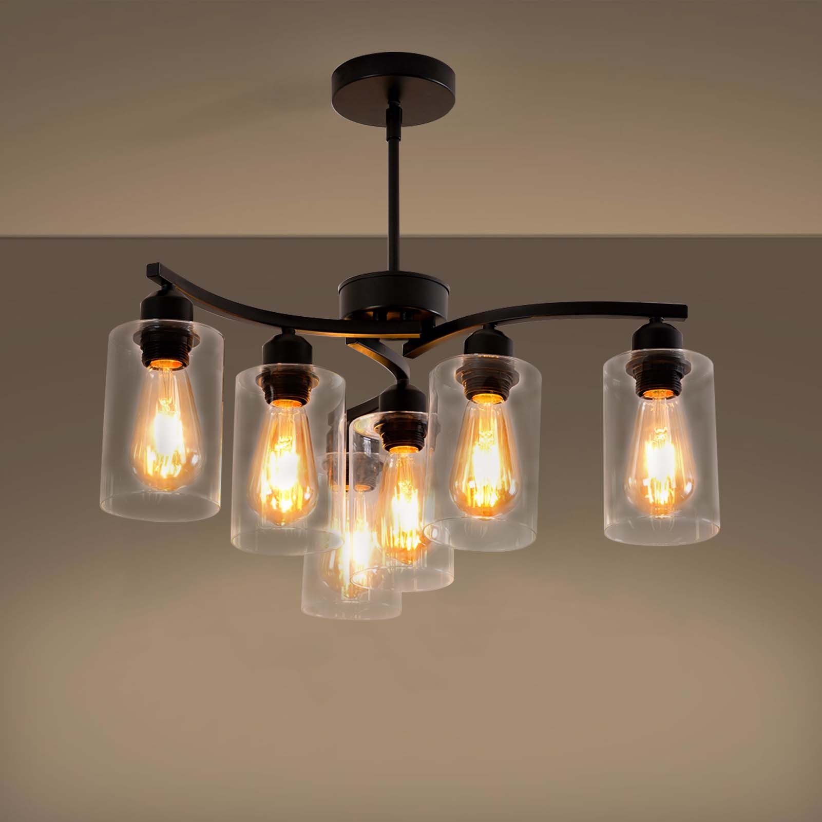 POPOLIC Pendelleuchte Deckenleuchte 20" 6-flammige große Pendelleuchte, mit klarem Glasschirm, moderne Pendelleuchte im Bauernhausstil, für Esszimmer, Wohnzimmer und Küche