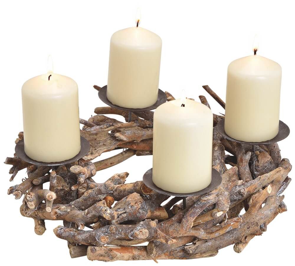matches21 HOME & HOBBY Adventskranz Treib-Holz Adventskranz rund mit Kerzen-Stecker natur Ø ca. 30 cm, Kerzenhalter Kranz als Stumpenkerzen Advent Weihnachten Tischdeko