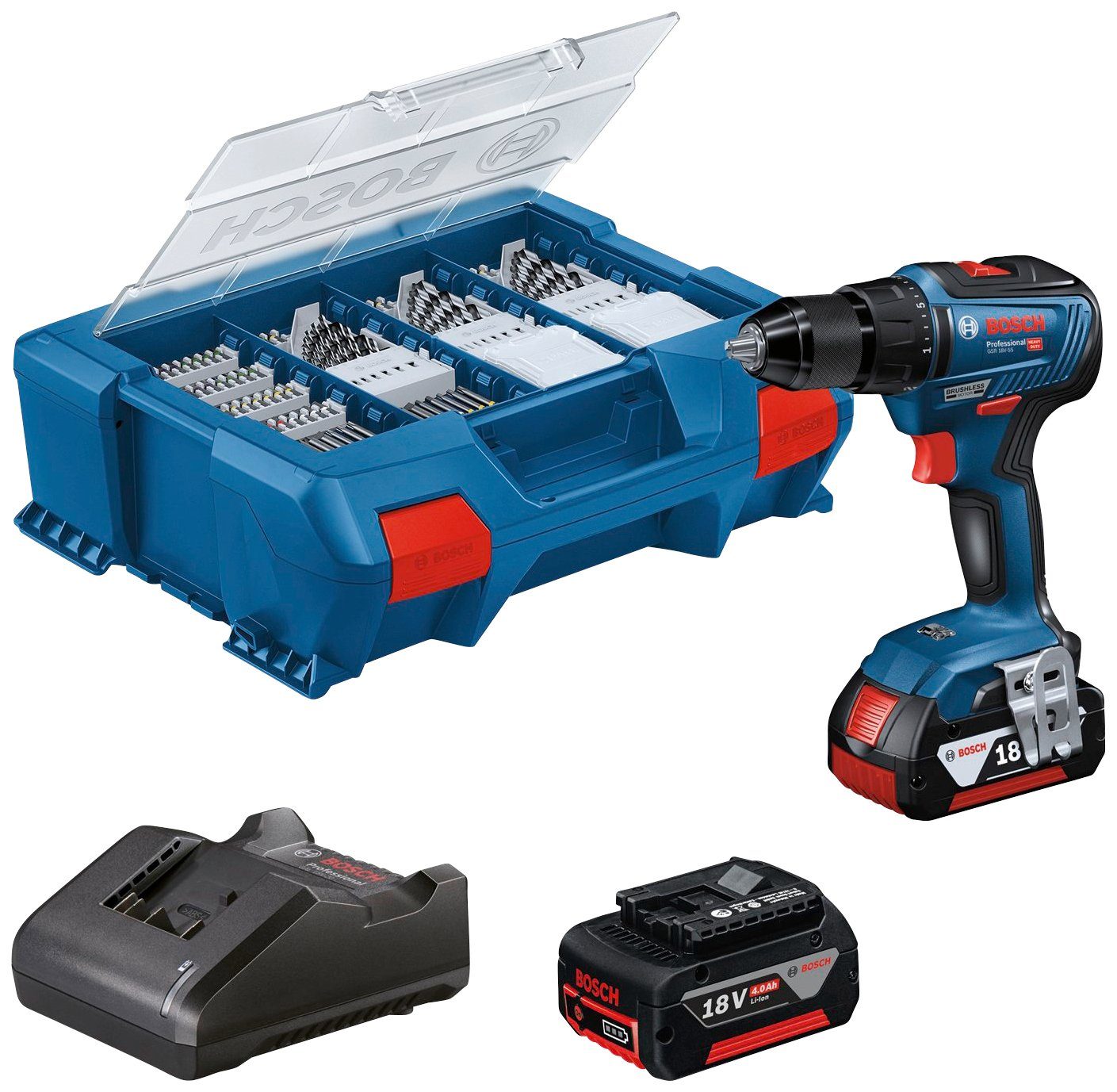 Bosch Professional Akku-Bohrschrauber GSR 18V-55 Professional, max. 1800 U/min, (Set), inkl. 82-tlg. Zubehör-Set im Koffer, 2 Akkus 18V/4Ah und Ladegerät