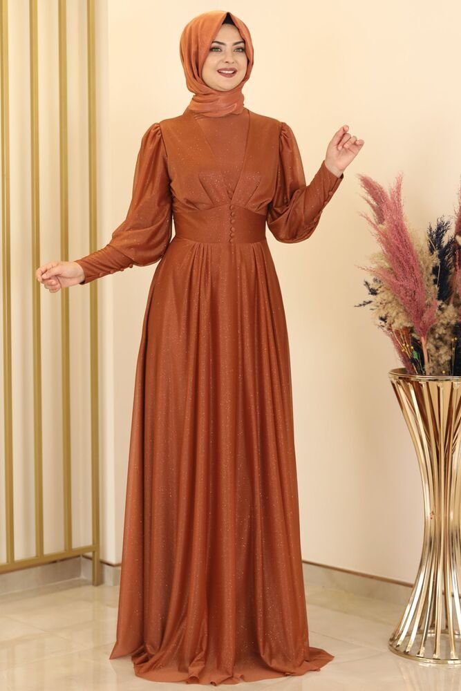 Modavitrini Tüllkleid Damen Abendkleid Abiye Abaya Hijab Kleid Modest Fashion aus silbrigem Tüllstoff Ziegelsteinrot