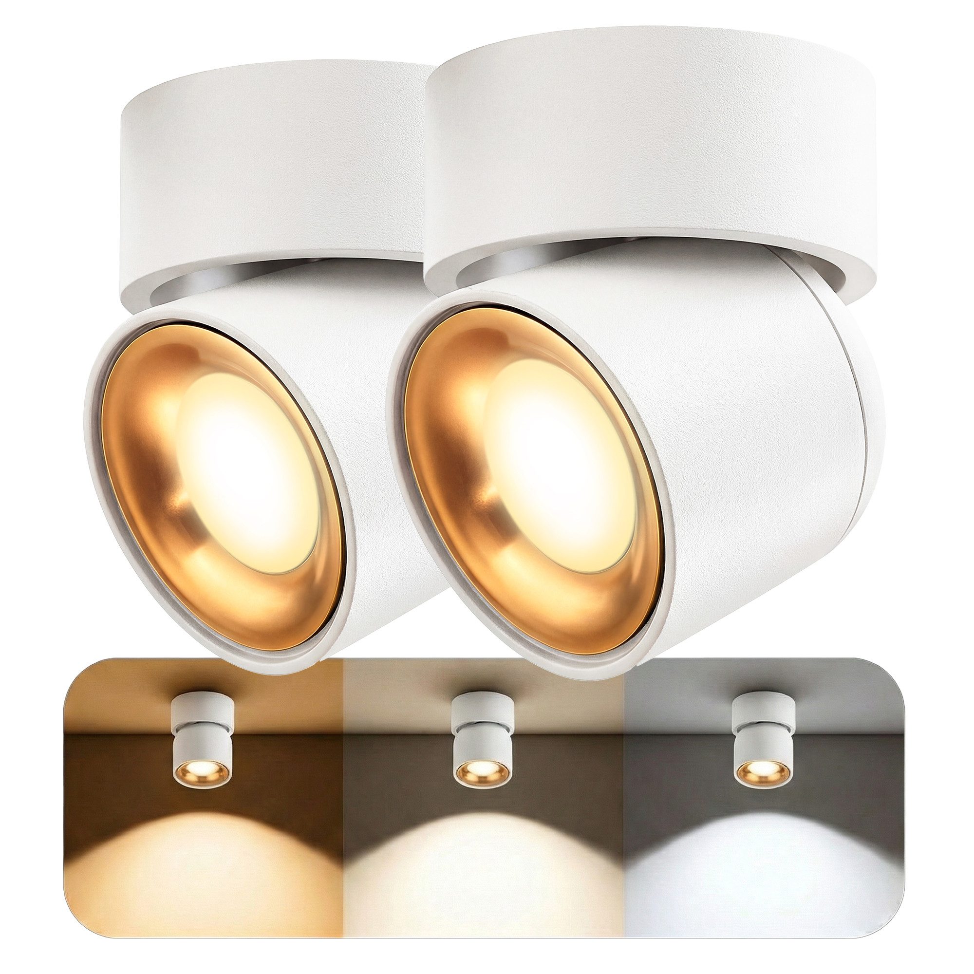 SSC-LUXon LED Außen-Deckenleuchte AYONA Aufbauspot schwenkbar IP54 weiß gold mit LED 6W drei Lichtmodi, Neutralweiß, Warmweiß, Tageslichtweiß