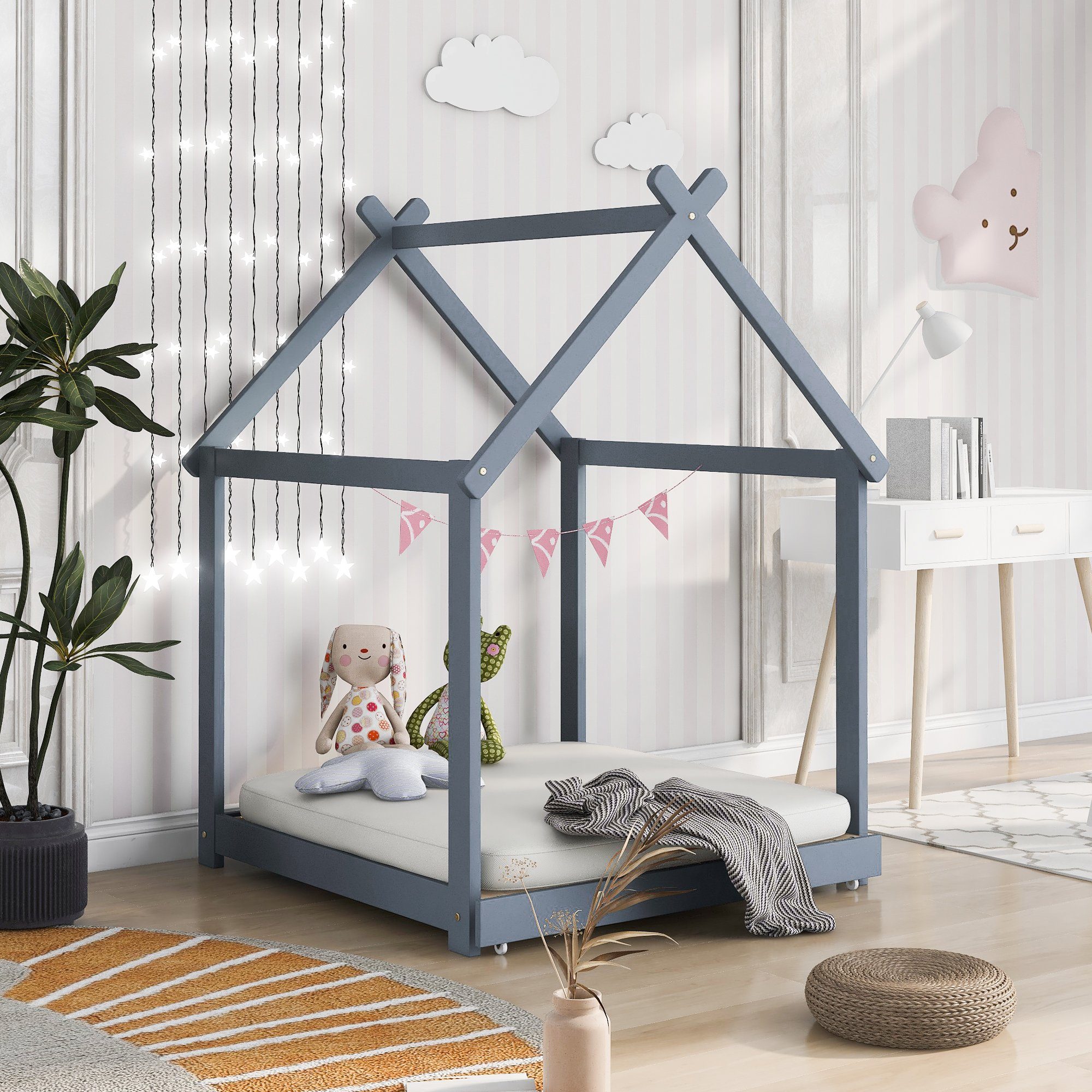 SOFTWEARY Kinderbett »Hausbett mit ausziehbarem Lattenrost« (90x200 cm),  Einzelbett, Holzbett aus Kieferholz