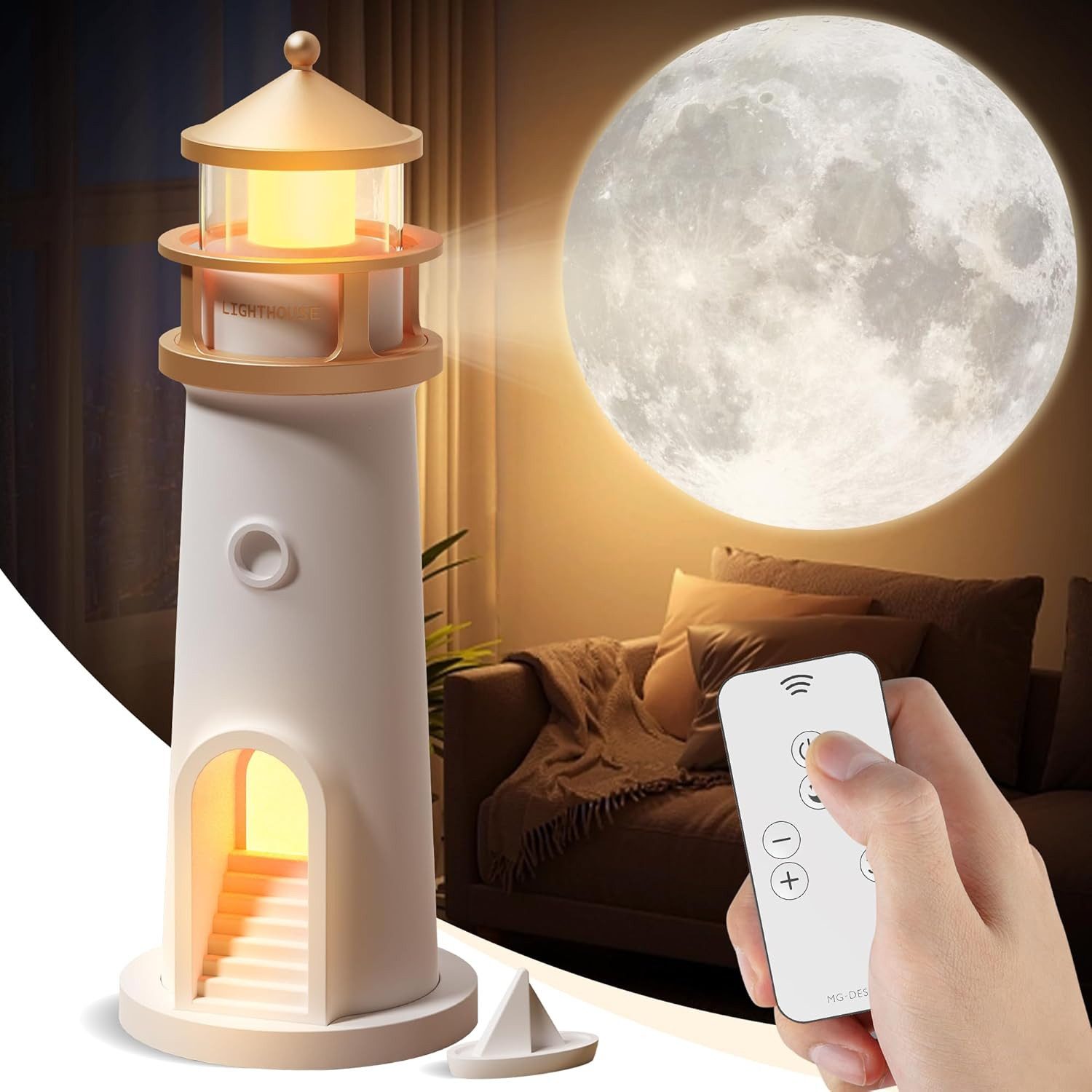VEKROBOT Nachtlicht Leuchtturm Projektor Bluetooth Fernbedienung Nachtlicht Stimmungslicht, Mondlicht-Projektionslampe – Leuchtturm-Design